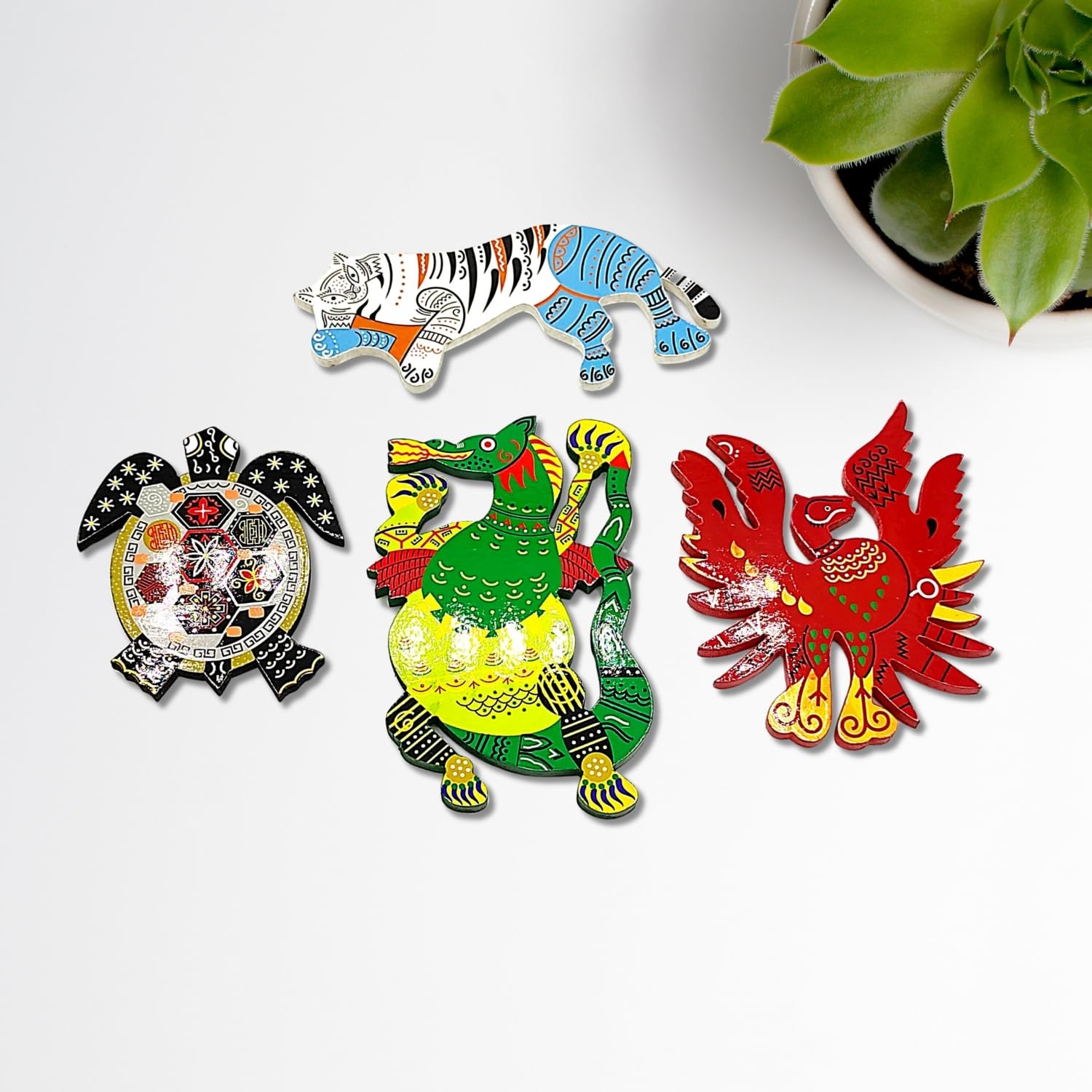 Plus Value Feng Shui Auspicious Wooden Animal Set for Four Directions - Feng Shui Product Home and Office Decor Wooden Wall Stickers