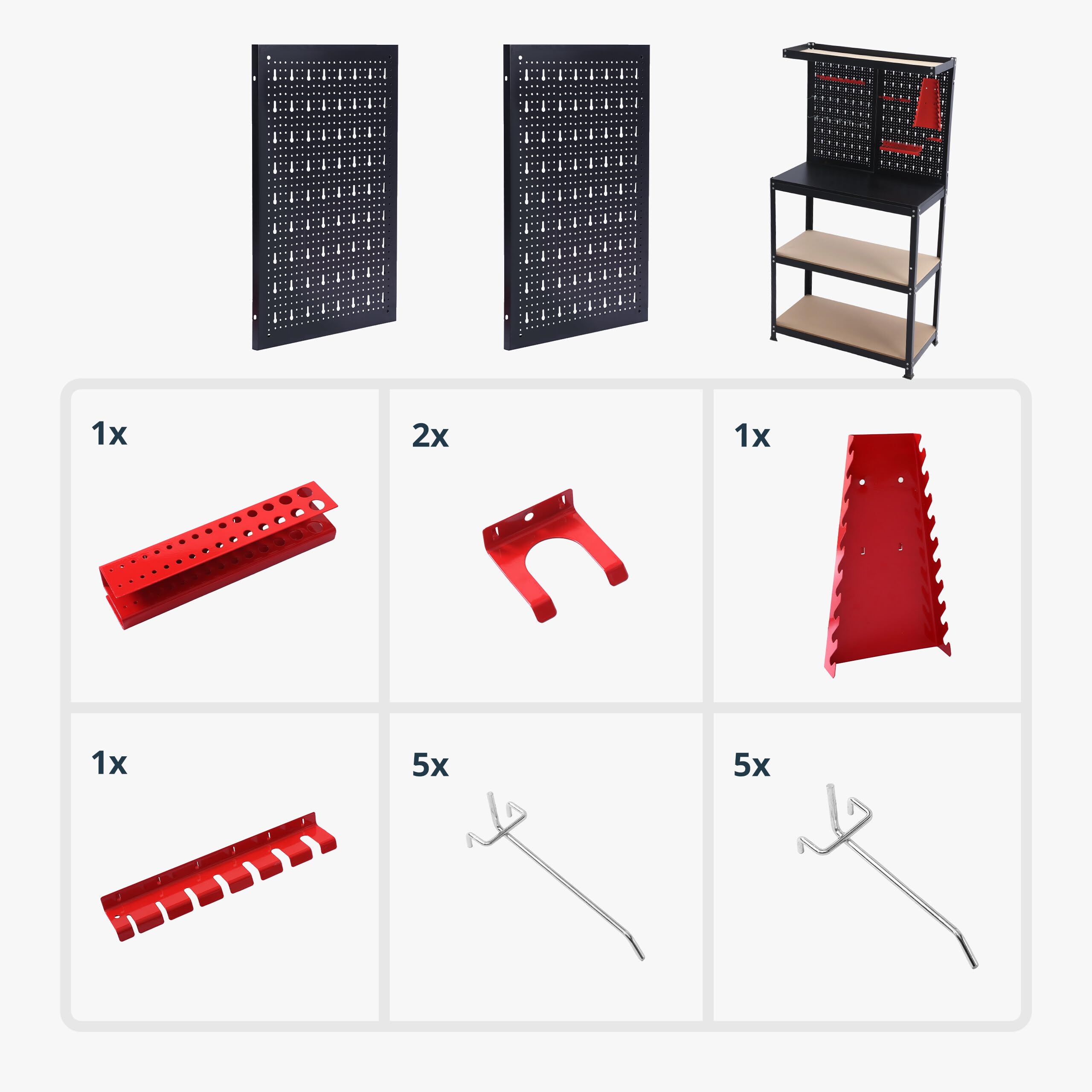 Banco de Trabajo Relaxdays, 155 x 80,5 x 41 cm, 2 Niveles, con Panel Perforado, estantes y Accesorios, Acero/MDF, Negro