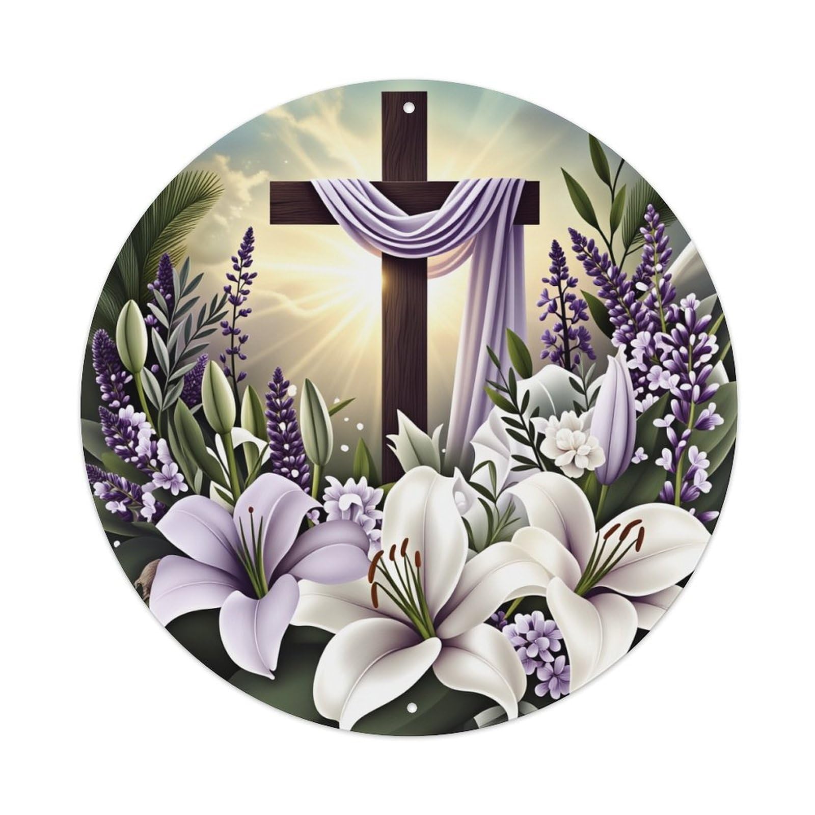 Cross With Flowers And Light Round Tin Sign Vintage Metal Poster Retro Bar, Home, Man Cave, Kitchen, Laundry Room Wall Art Decor Gift 8x8Inch