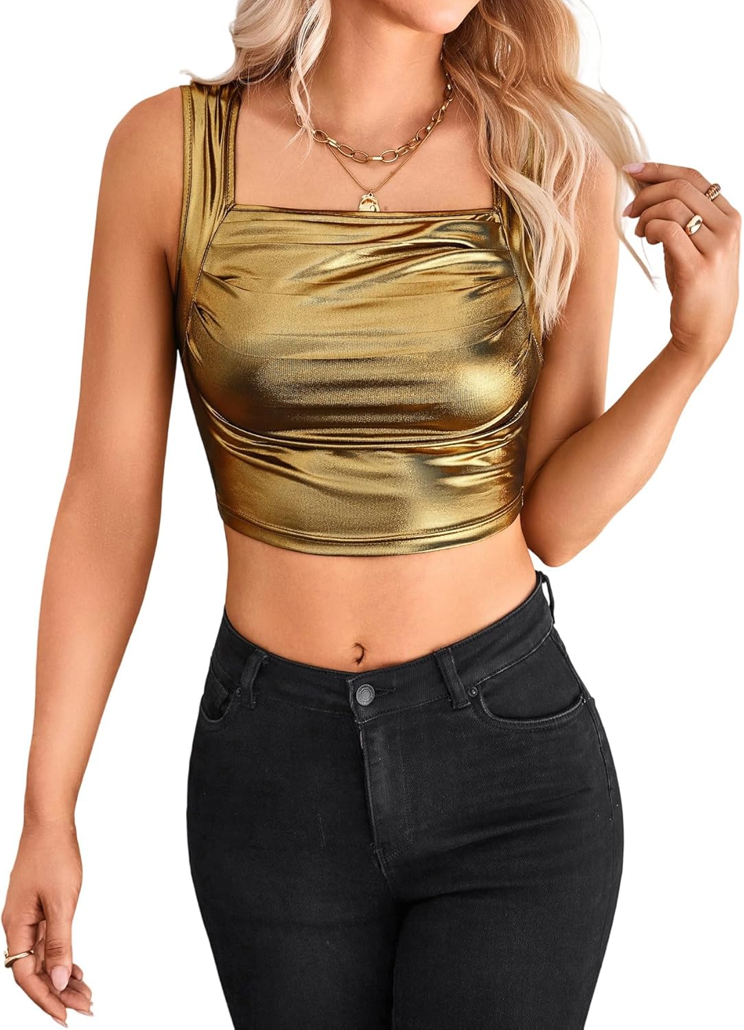 SweatyRocks Women's Metallic Sheer Mesh Ruched Square Neck Crop Top Sleeveless Slim Fit Party Tank Top
