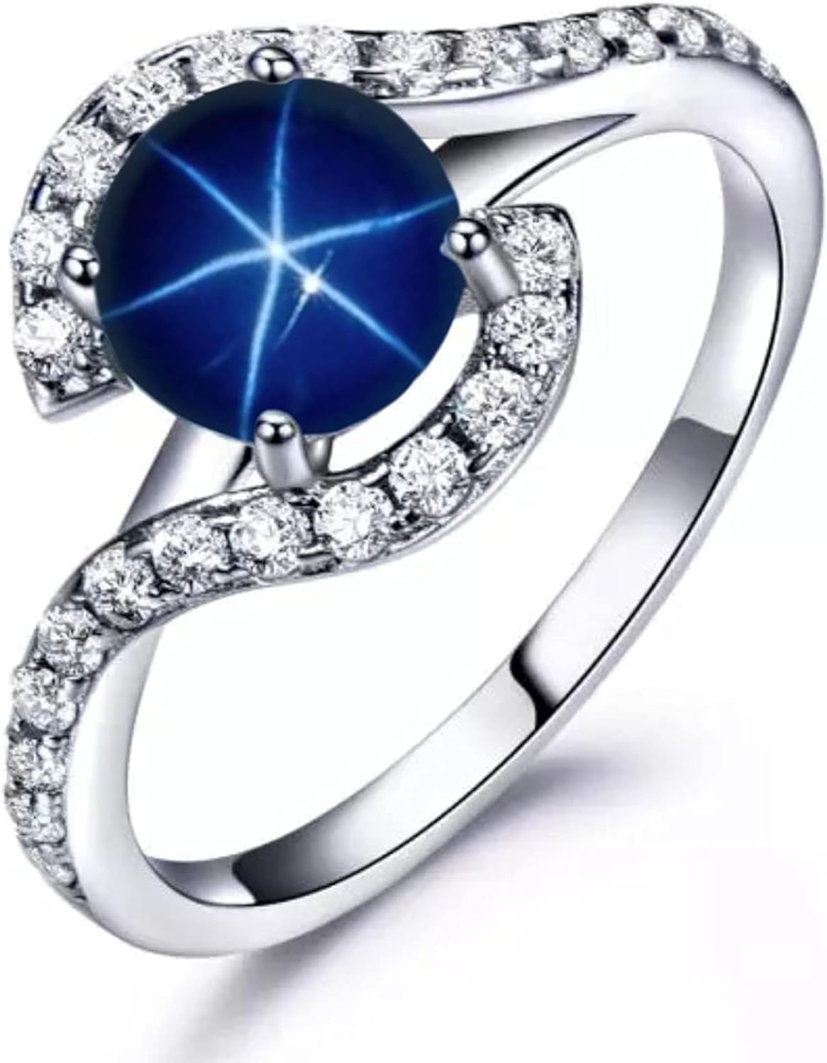 HRG Star Sapphire Blue Lindy Star Ring For Women Wedding Ring Engagement Ring Lab Created Synthetic Star Ring 925 Sterling Silver Ring (Sterling Silver, 8)