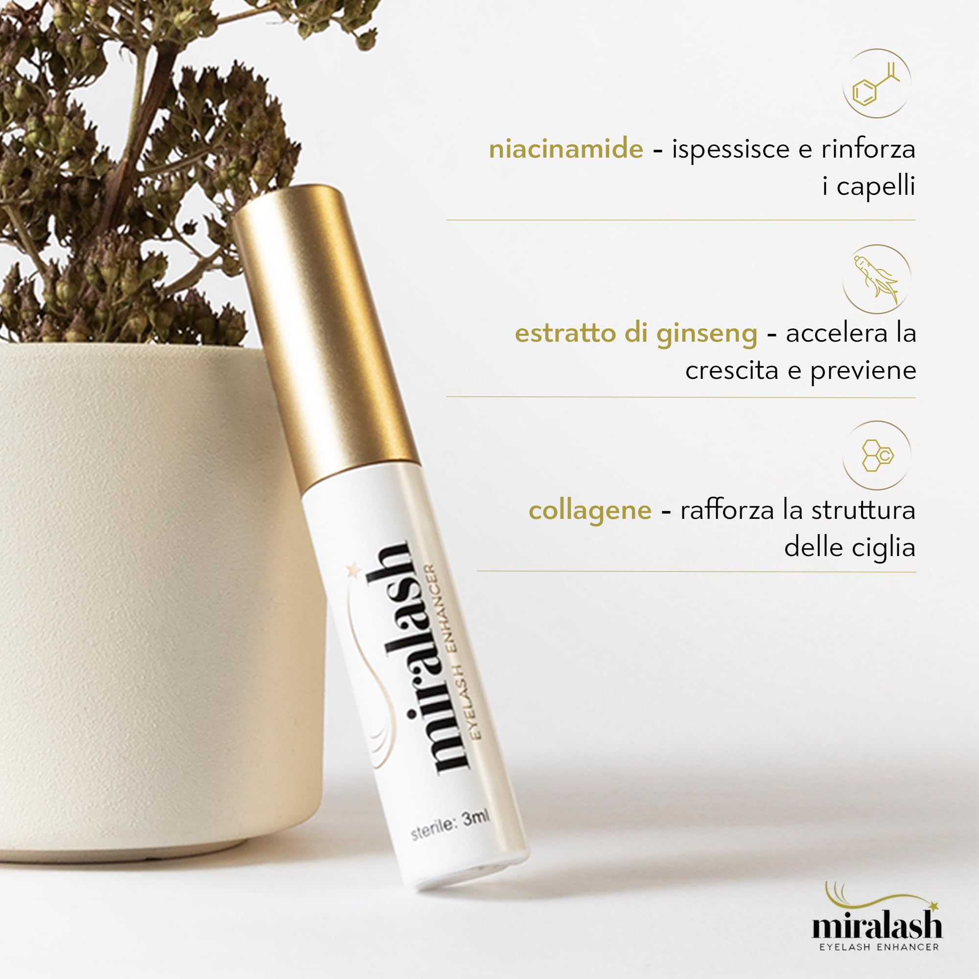 Siero Ciglia Allungante 3 ml – Lash Serum per Ciglia Più Lunghe e Forti, con Ginseng, Crescita Naturale