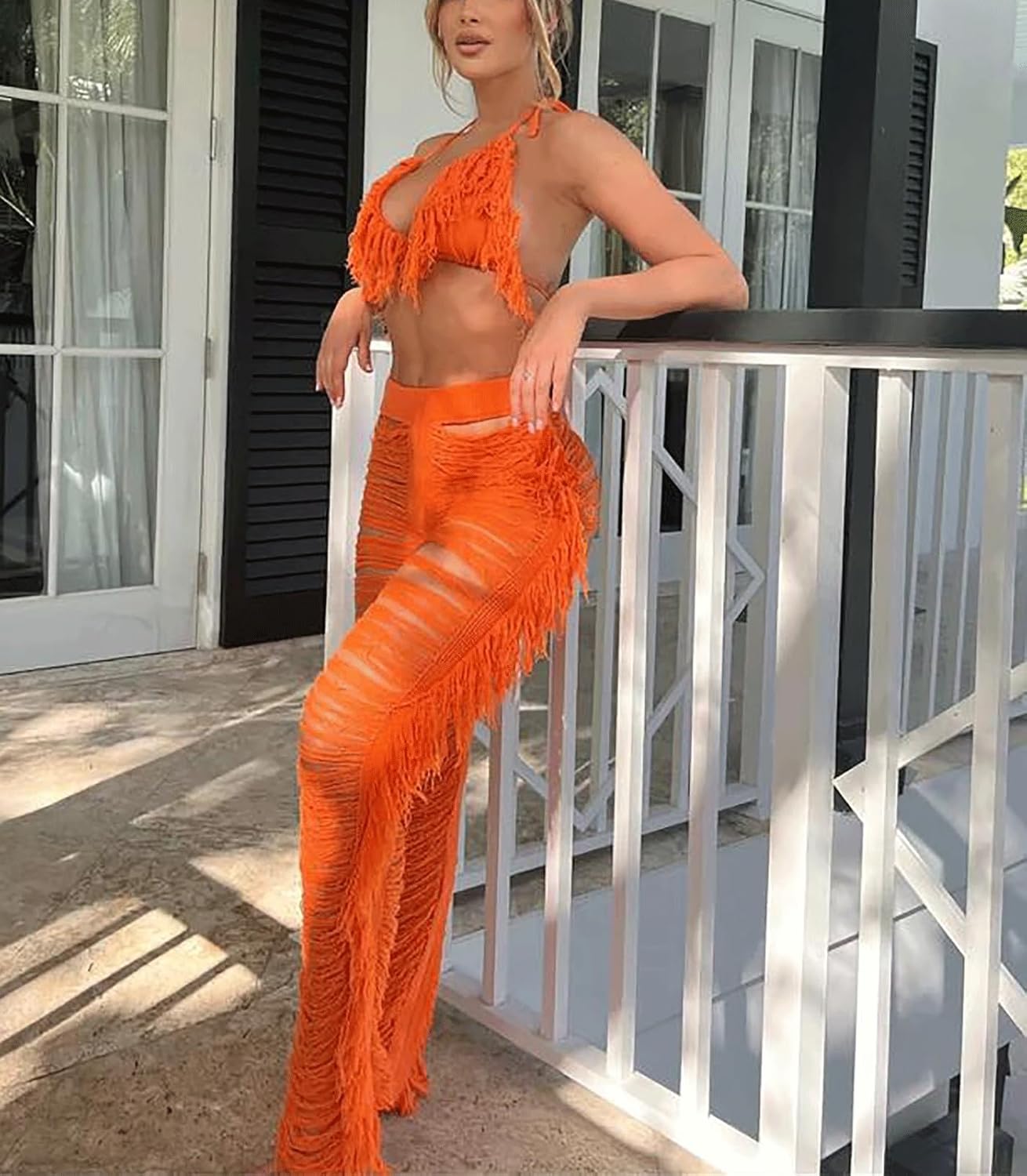 KANSOON Two Piece Sets for Women Sexy Crochet Outfits Halter Top Fringe Pants Summer Party Clubwear - Image 5