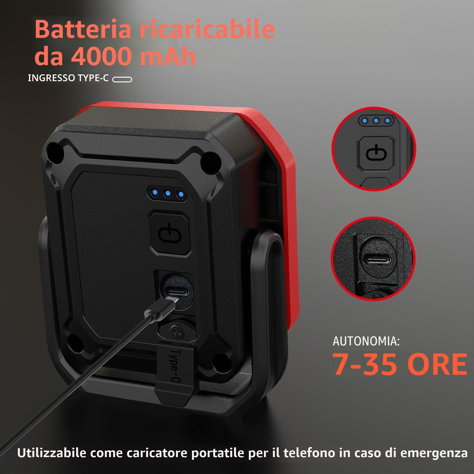 Lampada da lavoro a LED, 1000 lumen, super luminosa, lampada da officina, lampada a batteria, 4 modalità di illuminazione con base magnetica e rotazione di 180°, per garage, officina