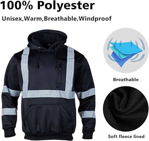 Miniatura 5 de VENDACE Hi Vis - Sudadera con capucha reflectante de seguridad para hombre, ANSI Clase 3, de forro polar, de alta visibilidad, color negro, talla L