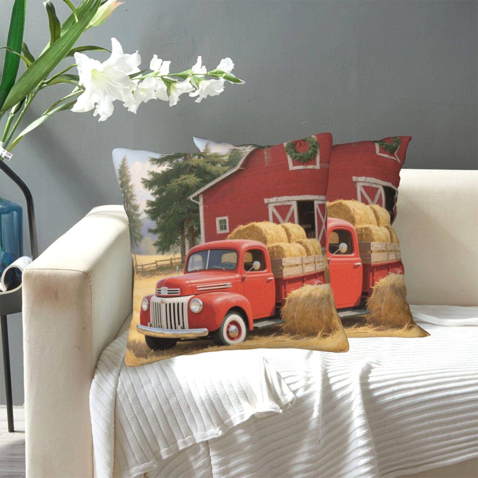 FekiLoot Decorative Throw Pillow Covers Modern Farmhouse Pillowcase Double Sided Cozy Cushion Cover for Sofa Couch Bed 16"X16" Red Retro Truck Farm