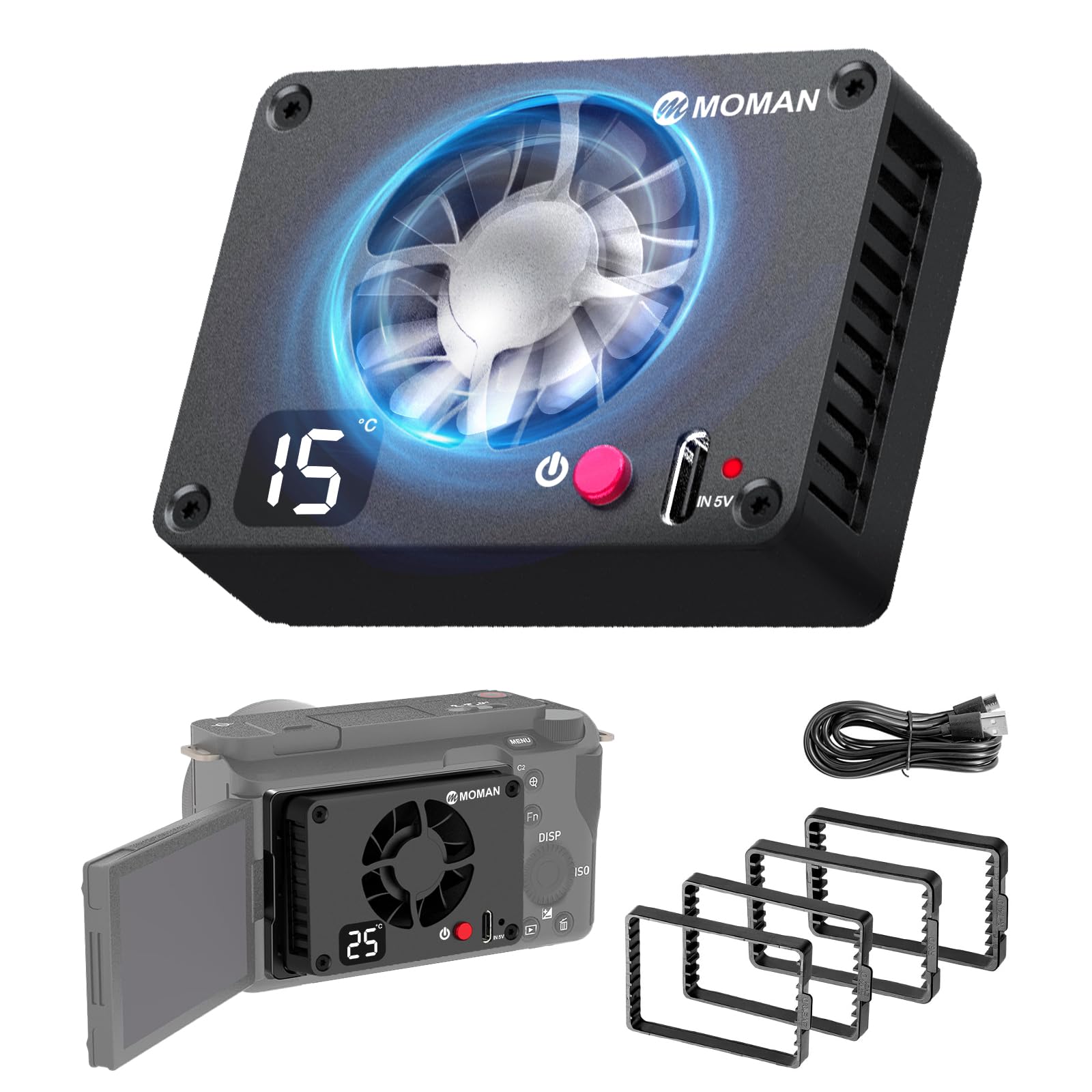 Ventola Raffreddamento Fotocamera, Moman Camera Cooling Fan Semiconduttore con Schermo per Trasmissione in Diretta Compatibile per R5/R8/R10/RP/R50/FX30/A7S3