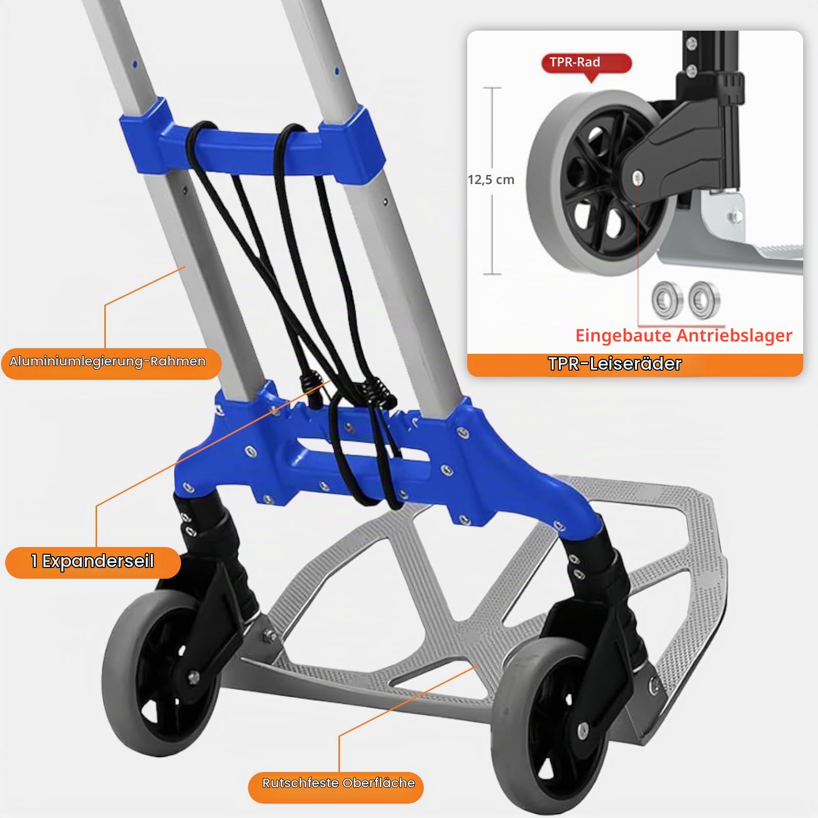 MAXBROTHERS Sackkarre klappbar-Einkaufstrolley-Extra Long Telescopic Handle 100 cm-rutschfeste Ladefläche-1 Expanderseilen-165 pund Tragkraft- 2 TPR-Räder
