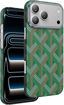 Apple iPhone 17 Pro Max ile Uyumlu Kevlar Karbon K l f, Prague Desenli, MagSafe Kapak, Ye il