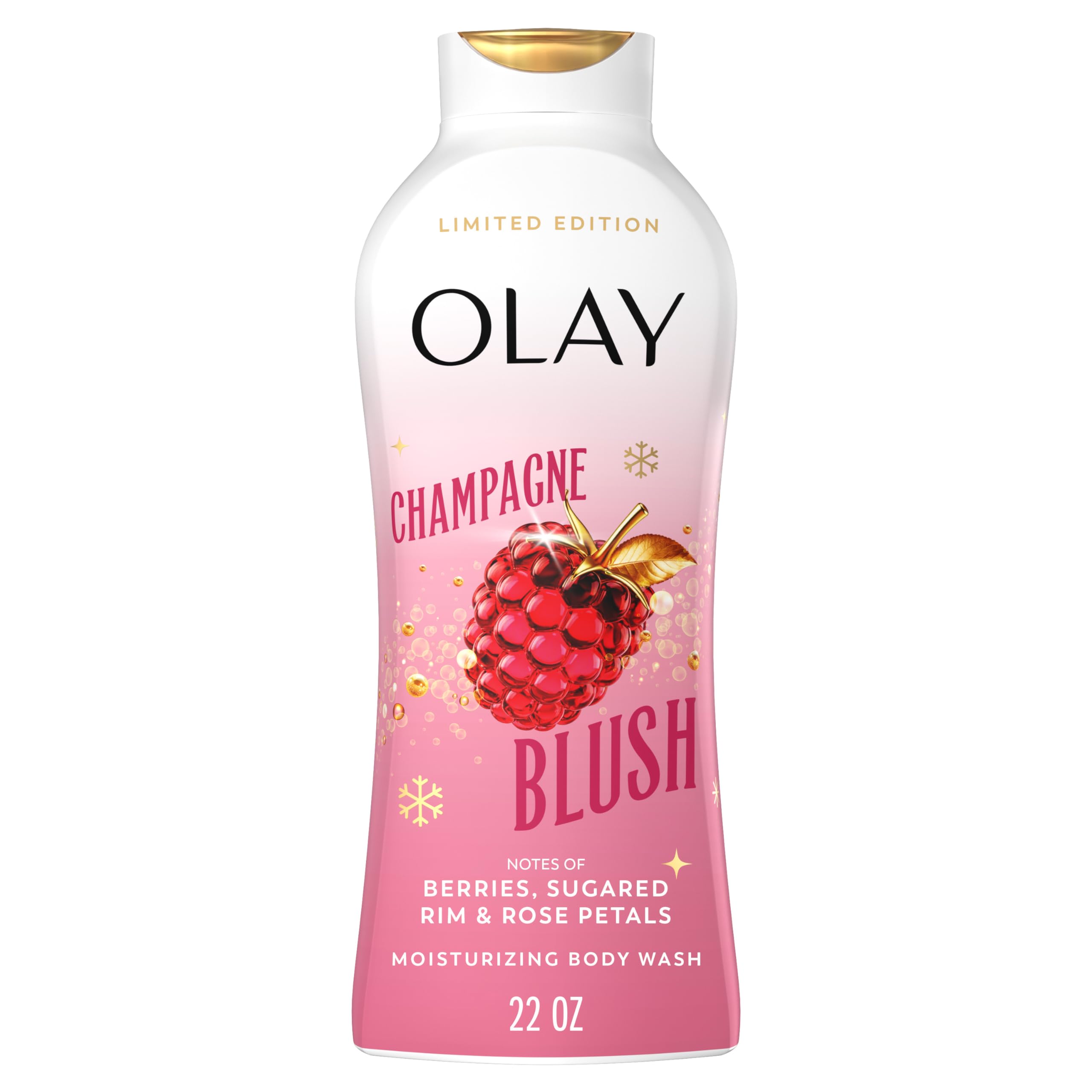 OlayBody Wash for Women, Hydrating & Moisturizing, Holiday Edition, With Plant Based Cleansers, B3 Complex, For All Skin Types, Champagne Blush with Berries Sugared Rim & Rose Petals Scent, 22 fl oz