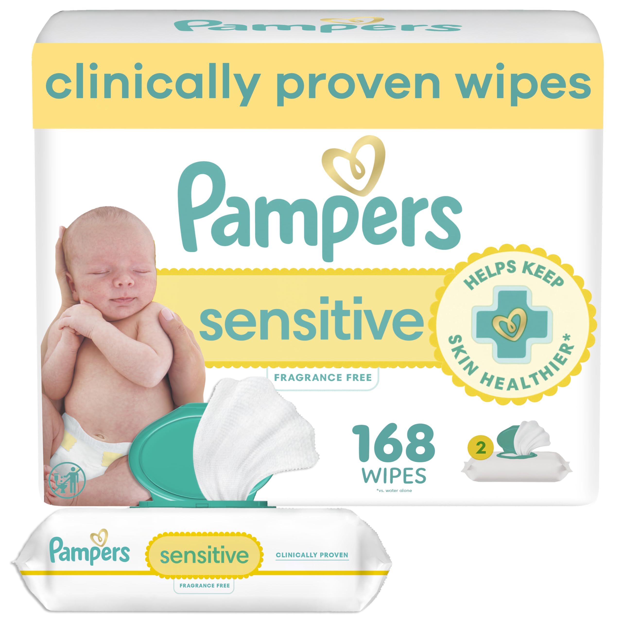 Pampers Sensitive Baby Wipes, Unscented, Fragrance Free, Clinically Proven, Water Based, Hypoallergenic, Multi-Use, Hand Wipes, 168 Wipes Total (3X Flip-Top Packs)