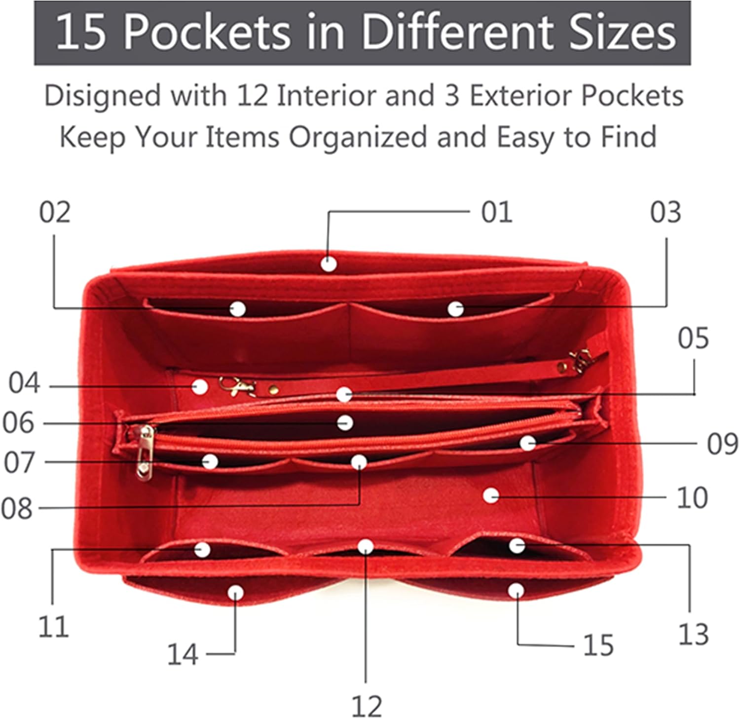 Purse Organizer Insert for Handbags, Felt Tote Bag Organizer Insert, Bag In Bag Compatible with Longchamp, Neverful, Speedy and More (Red, Large) - Image 4