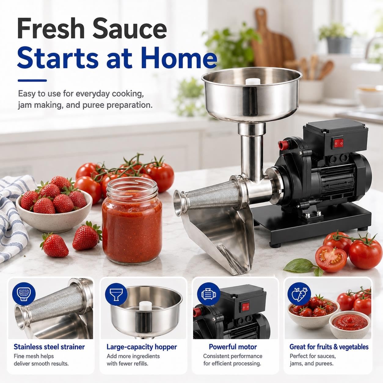 Machine À Sauce Tomate Commerciale 450 W, Moulin En Acier Inoxydable | Passoire et auge réglables, débit de 50 à 160 kg/h, for tomates, baies, pommes, citrouilles(Black)