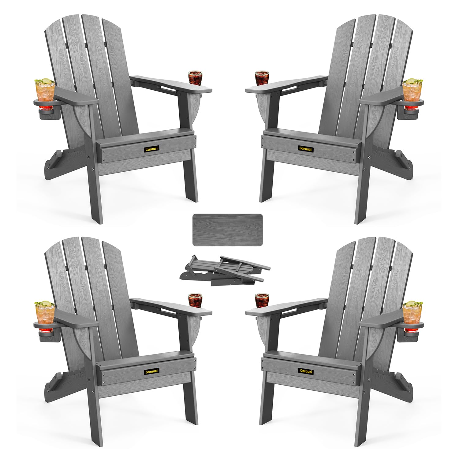 folding adirondack chair set of 4, wooden textured plastic adirondack chairs with 2 cup holder, weather resistant hdpe fire pit chair, outdoor patio chairs for garden, backyard, lawn, deck, grey