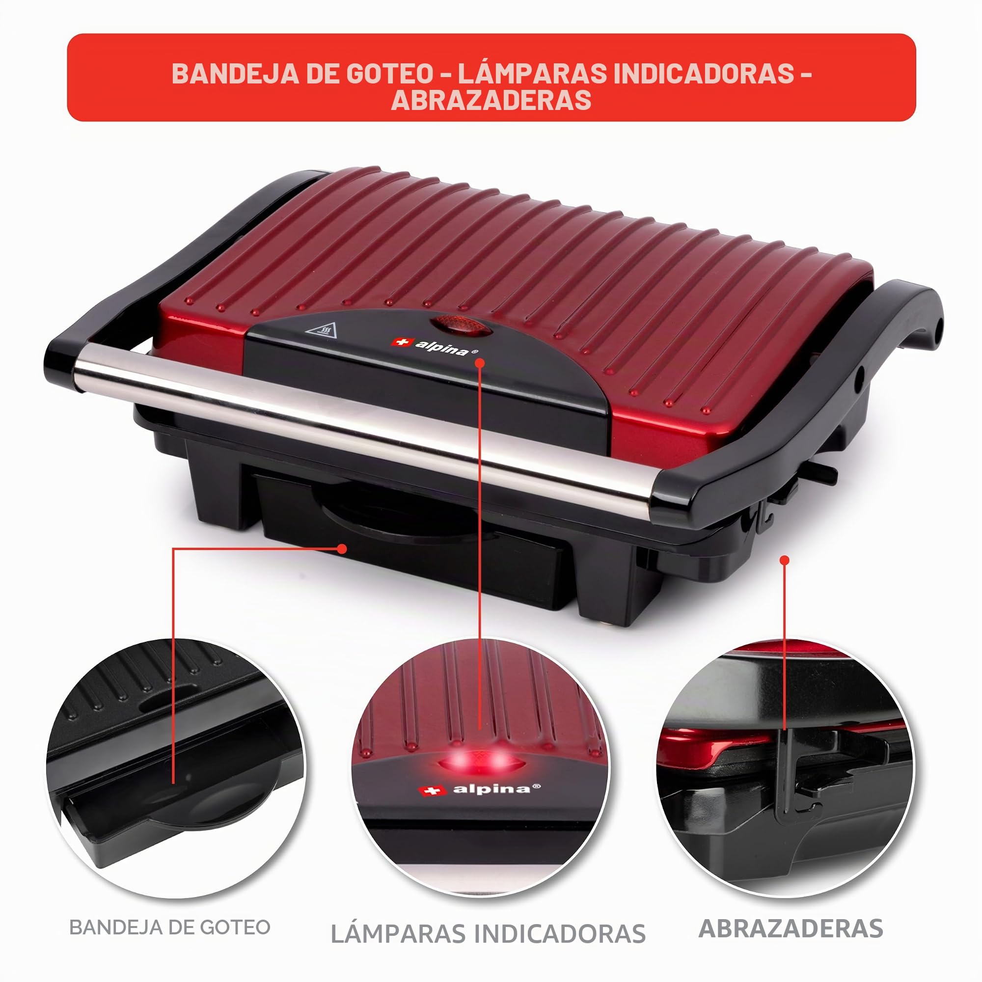 alpina Parrilla de contacto Optigrill 230 V/1000 W - Sandwichera - Panini Grill - Multigrill para verduras, pan y carne - Barbacoa de mesa con revestimiento antiadherente - Bandeja de goteo -