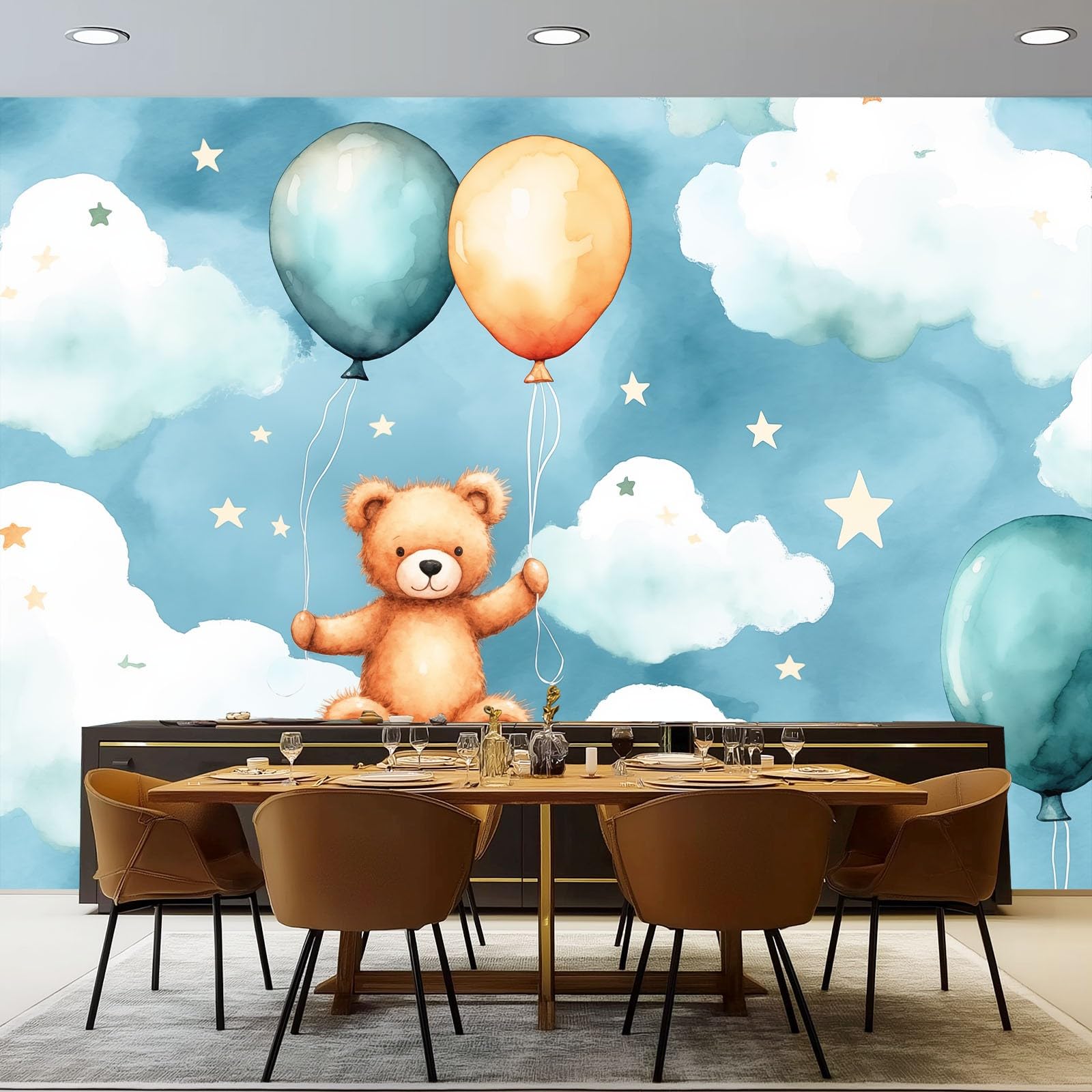 Panoramiczna tapeta 400 x 280 cm, akwarela kreskówka balon pluszowy miś salon sypialnia dekoracja domu - tapeta z włókniny 3D szary niebieski