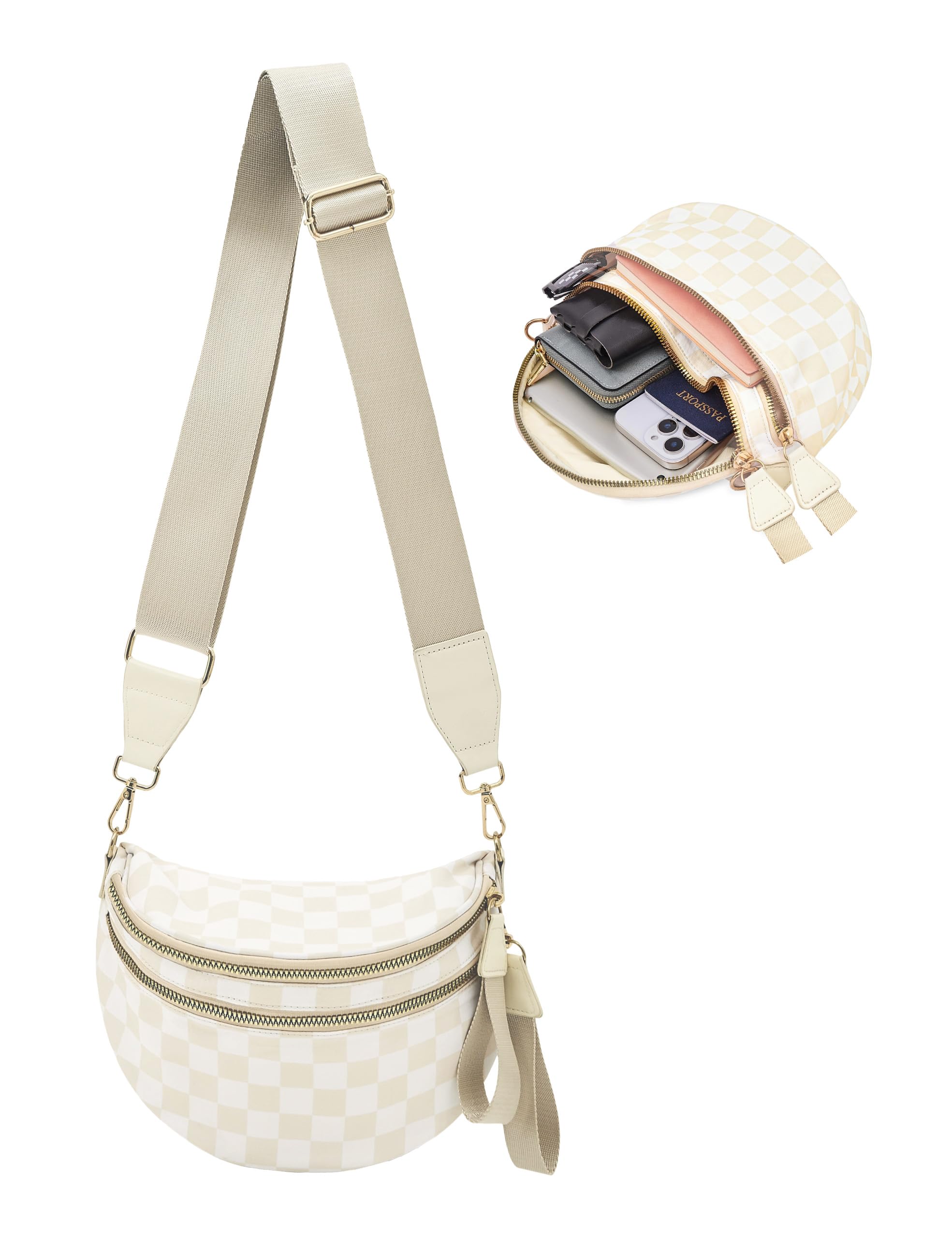 Checkered Crossbody Bum Bags for Women, Spacious Water-Resistant Nylon Shoulder Belt Bag Checkered Purse