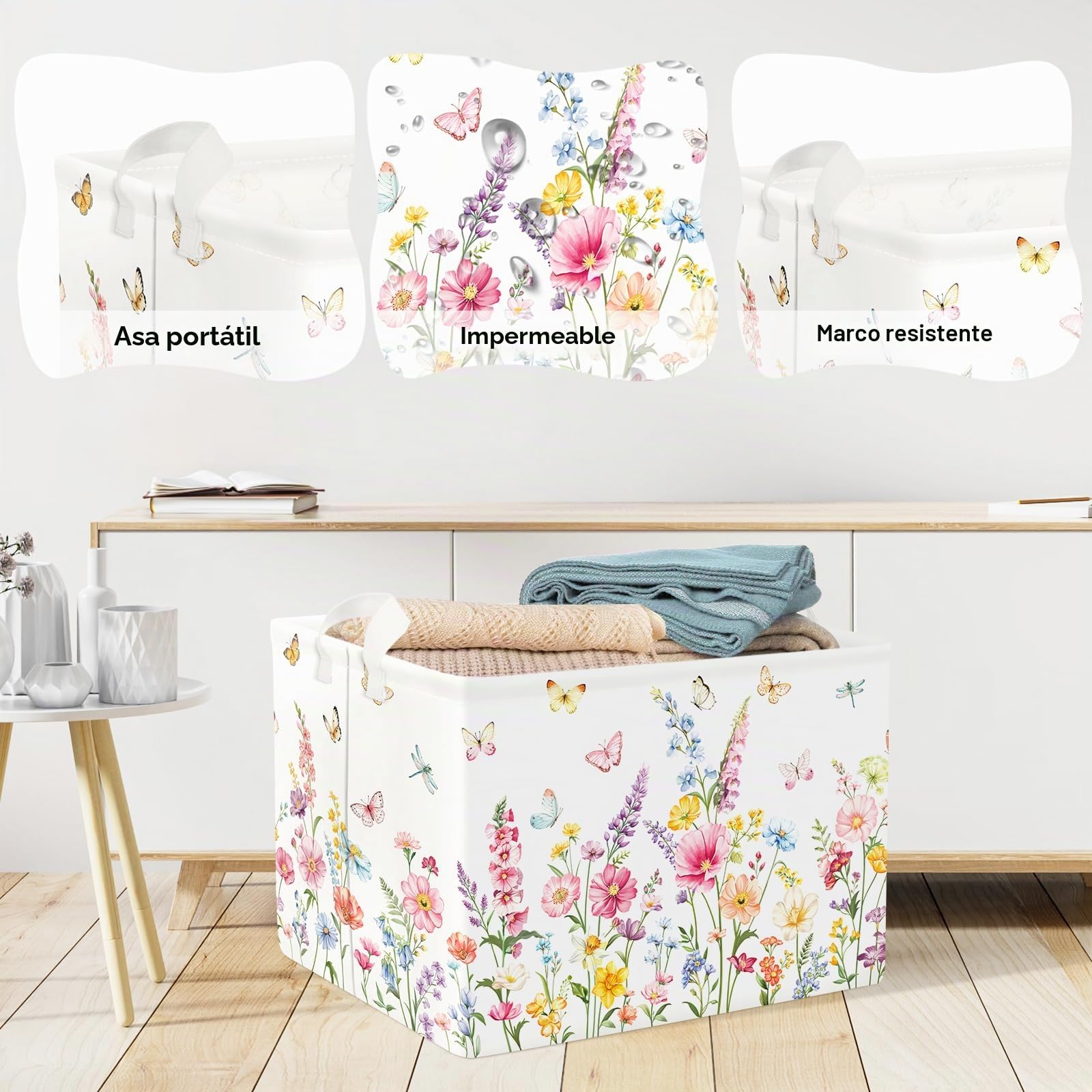 Clastyle Cestos Almacenaje Mujer Chica Flor Cesta Ropa Sucia Palmera para Habitación Infantil Dormitorio Cajas de Almacenaje Juguetes para Bebé, Mariposas, 40x30x30 cm