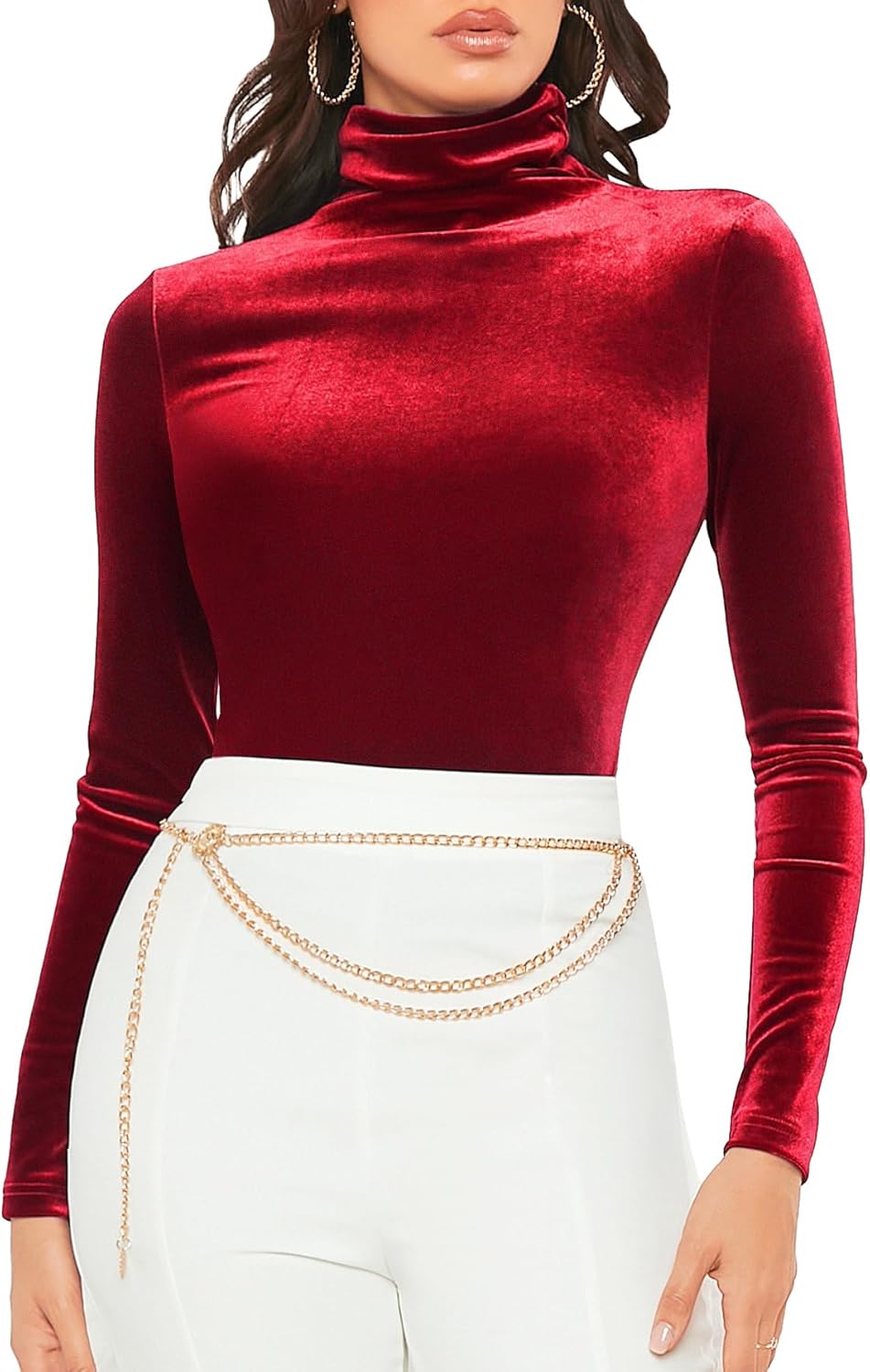 Floerns Women's Solid Long Sleeve Tshirt High Neck Party Velvet Tee Shirt