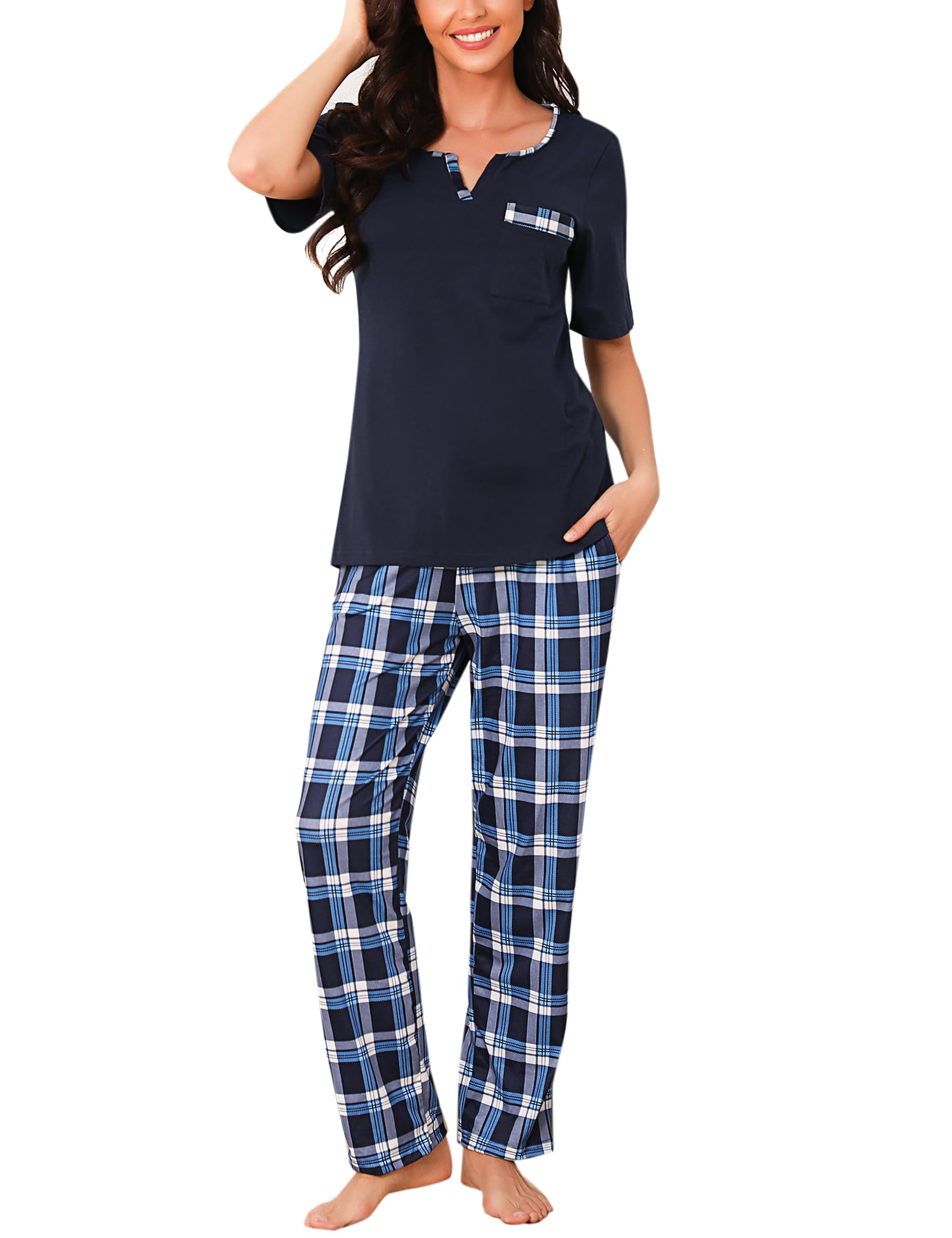 Bresdk Pijama Mujer Algodón Manga Corta Conjunto de Pijamas Largo Pantalones a Cuadros Ropa de Dormir Ligero 2 Piezas