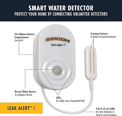 Vista 16 de Zircon Detector electrónico de fugas de agua y sensor de inundación con alarma de audio de 90 dB, alarma de fugas duales, 1 paquete, color blanco