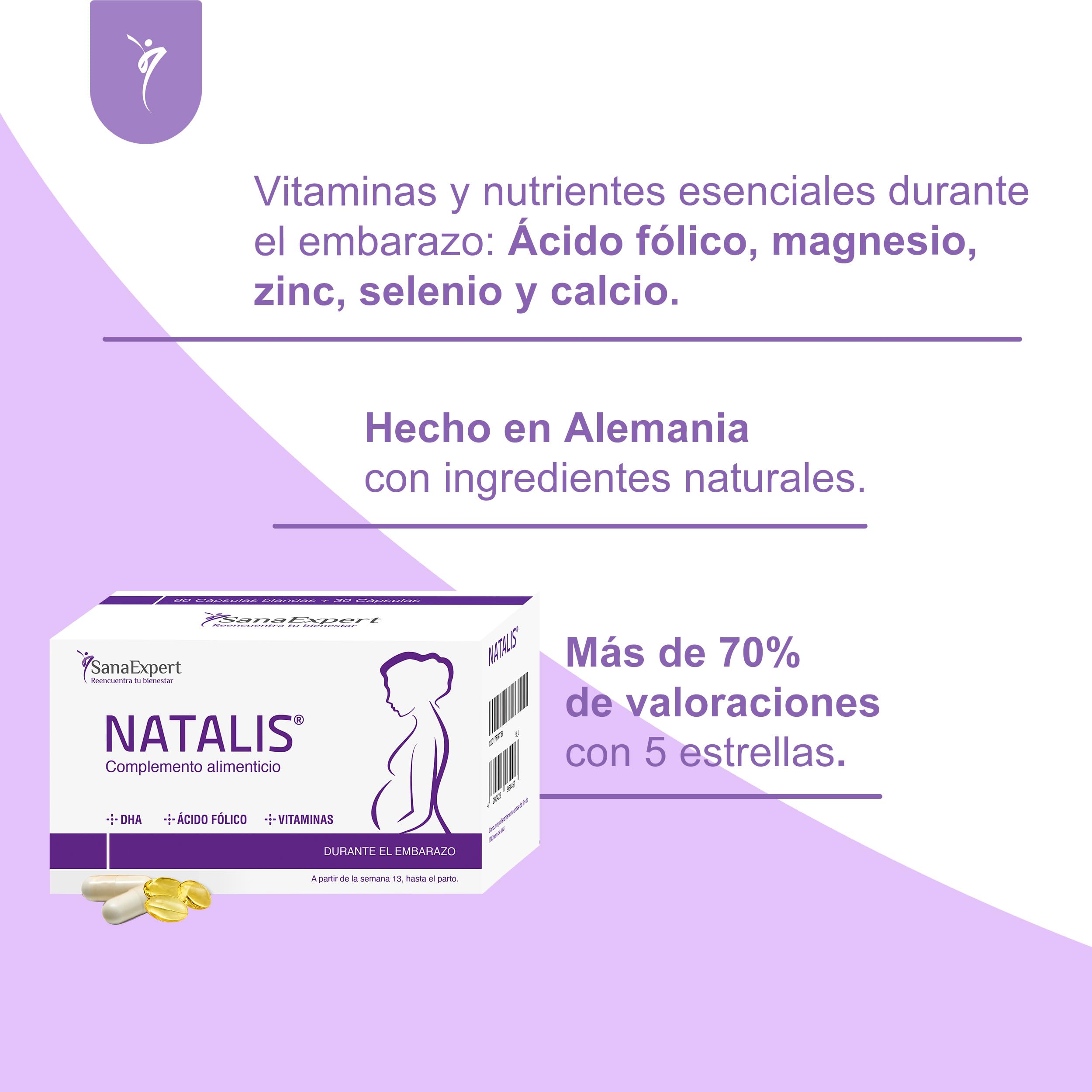 SanaExpert Natalis - Complemento Nutricional Prenatal para Mujeres - Con Ácido Fólico, Hierro, DHA, Vitaminas y Minerales Esenciales - 90 Cápsulas