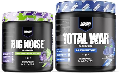 REDCON1 Total War - Polvo de preentrenamiento (frambuesa azul) y gran ruido antiestimulante para preentrenamiento (oso de gomita agria), dúo de