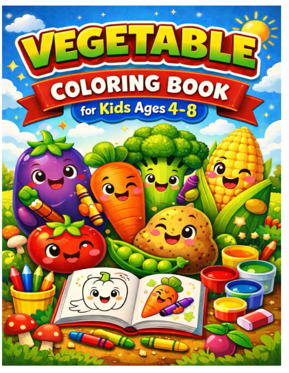 Vegetable Coloring Book for Kids Ages 4–8: Fun, Cute and Easy Vegetable Coloring Pages for Kids Ages 4–8, Big and Easy Vegetable Coloring Pages for Kids, Toddlers and Preschoolers