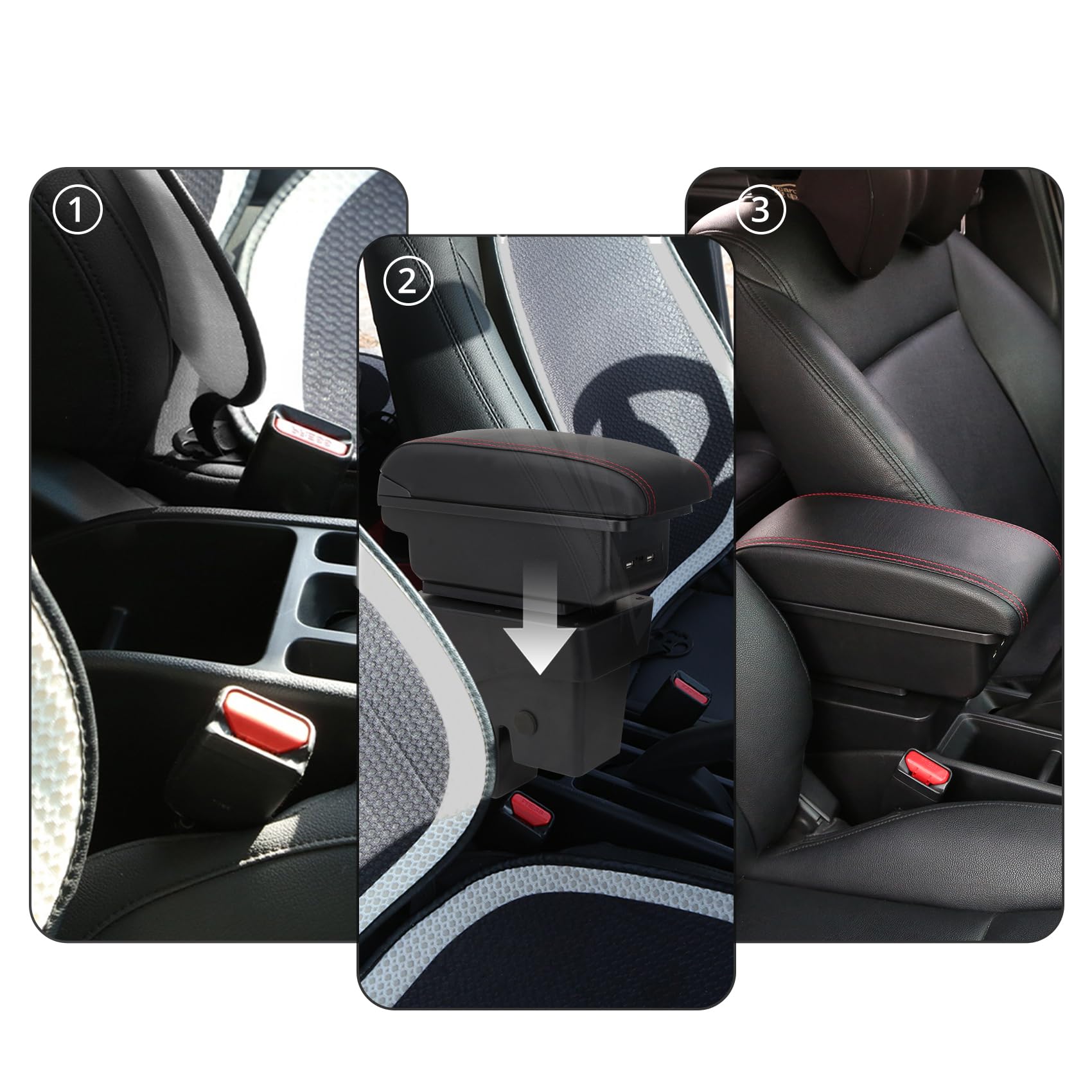 YJYWZH für VW Up 2009-2020 Armlehnen Mittelarmlehne mit Große Ablagefach und USB-Anschluss Autozubehör Konsole Armauflage Rot Stiche