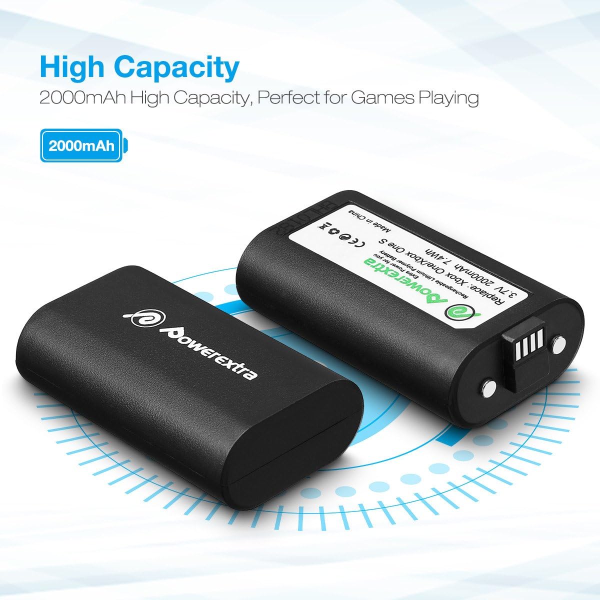 Powerextra Replacement Xbox One Controller 2 Pack Rechargeable Li-ion Battery with 2.75m USB Cable Compatible with Xbox One, Xbox One S, Xbox One X, Xbox One Elite Controller