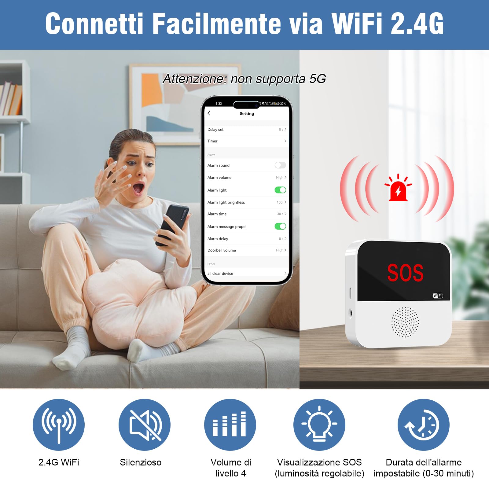 ChunHee Bracciale di Emergenza per Anziani Tuya WiFi Smart Wearable Senior Emergency Bell Alert System for Elderly Patients Disabled, Children (only supports 2.4GHz Wi-Fi)
