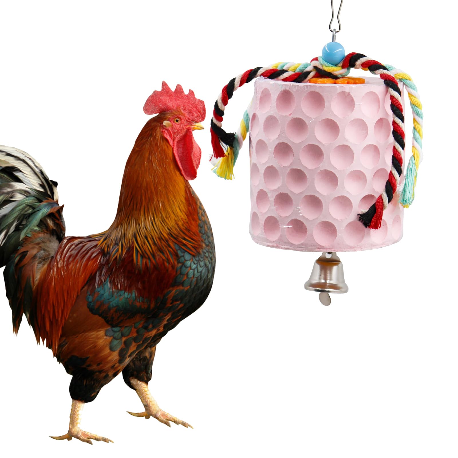 Oooct Juguete grande para masticar pollo, pico de pollito, piedra de calcio con campanas, accesorios de gallinero, juguetes de jaula para cacatúa, periquito, loro, periquito, rata, hámster, conejo,
