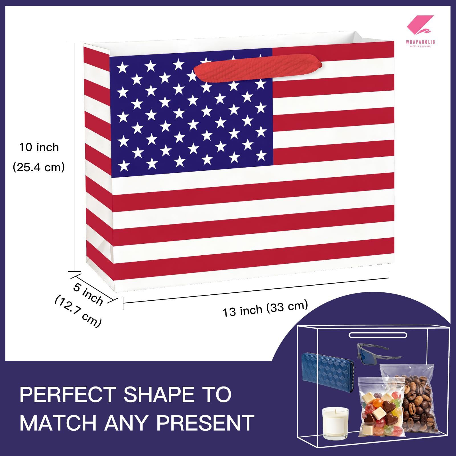 WRAPAHOLIC 13" Large USA Flag Patriotic Gift Bag with Tissue Paper - American Flags 4th of July Gift Bags for Independence Day, Memorial Day and Patriotic Shower