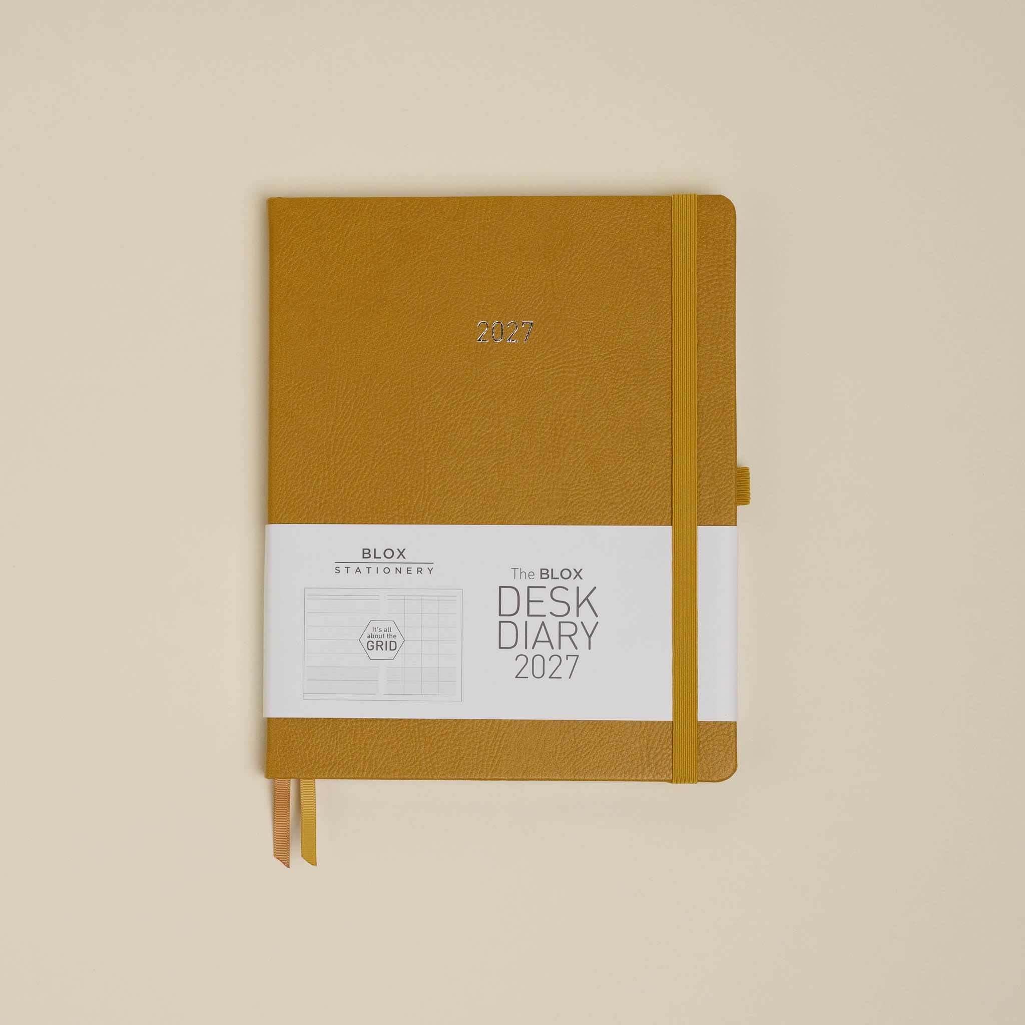 BLOX Desk Diary 2027 (Mustard) - large desk 2027 diary - Jan to Dec 2027 - Week-To-View with 4 column GRID layout - organise and plan your busy life