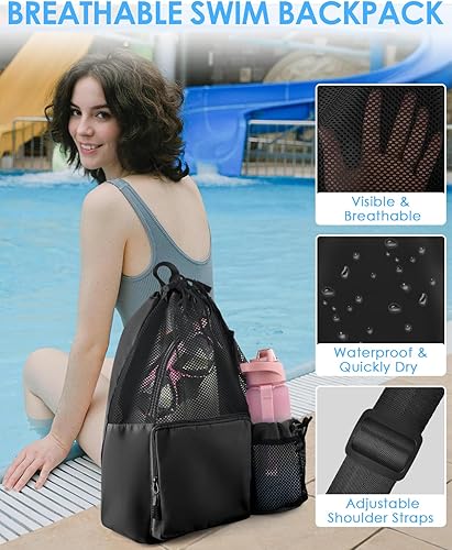 Miniatura 4 de BROTOU Mochila de playa con bolsillo húmedo de malla con cordón para natación, gimnasio