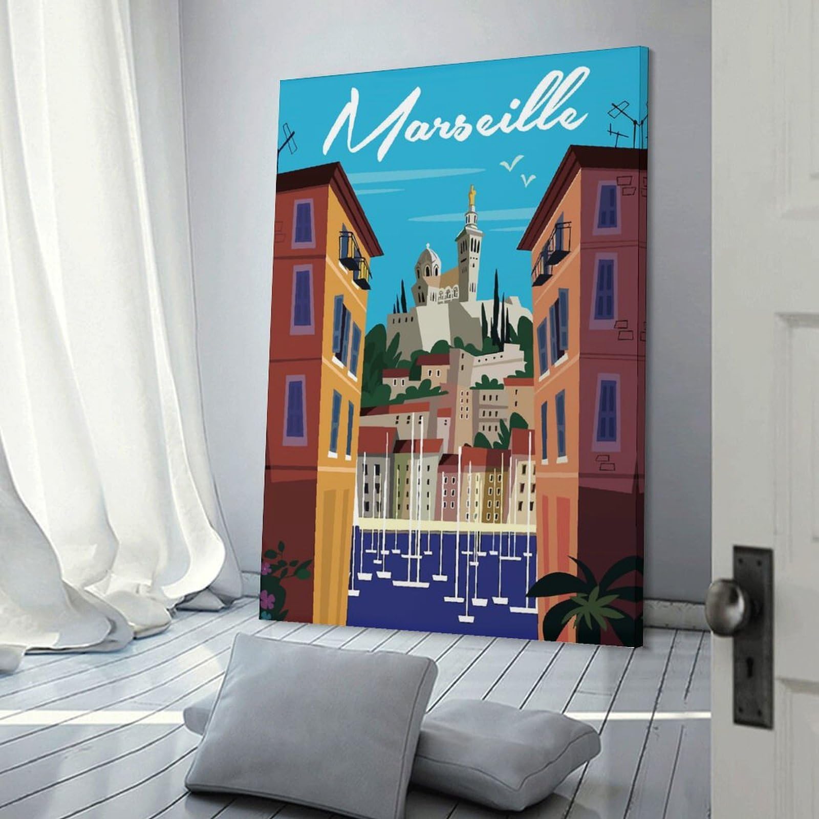 Junmoney Decorative Canvas Print Marseille Travel, 24x36inch(60x90cm), for Entrance Spaces, Stair Walls Or Halls, A Neat Decor Update for Hallways