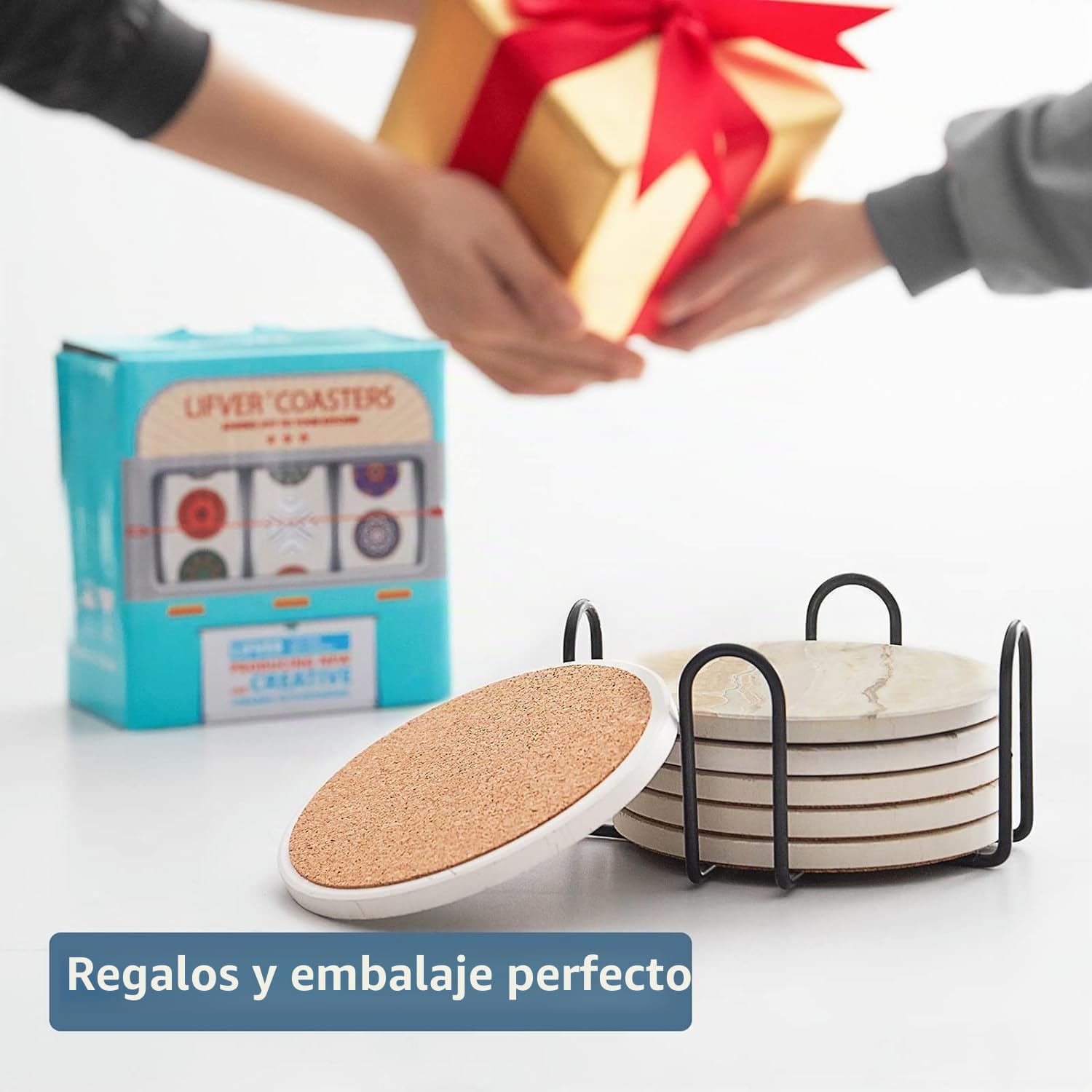 LIFVER - Posavasos absorbentes, de cerámica estilo mármol con soporte, para proteger la mesa, adecuados para tazas, mesa de madera, juego de 6 unidades de 10,2 cm