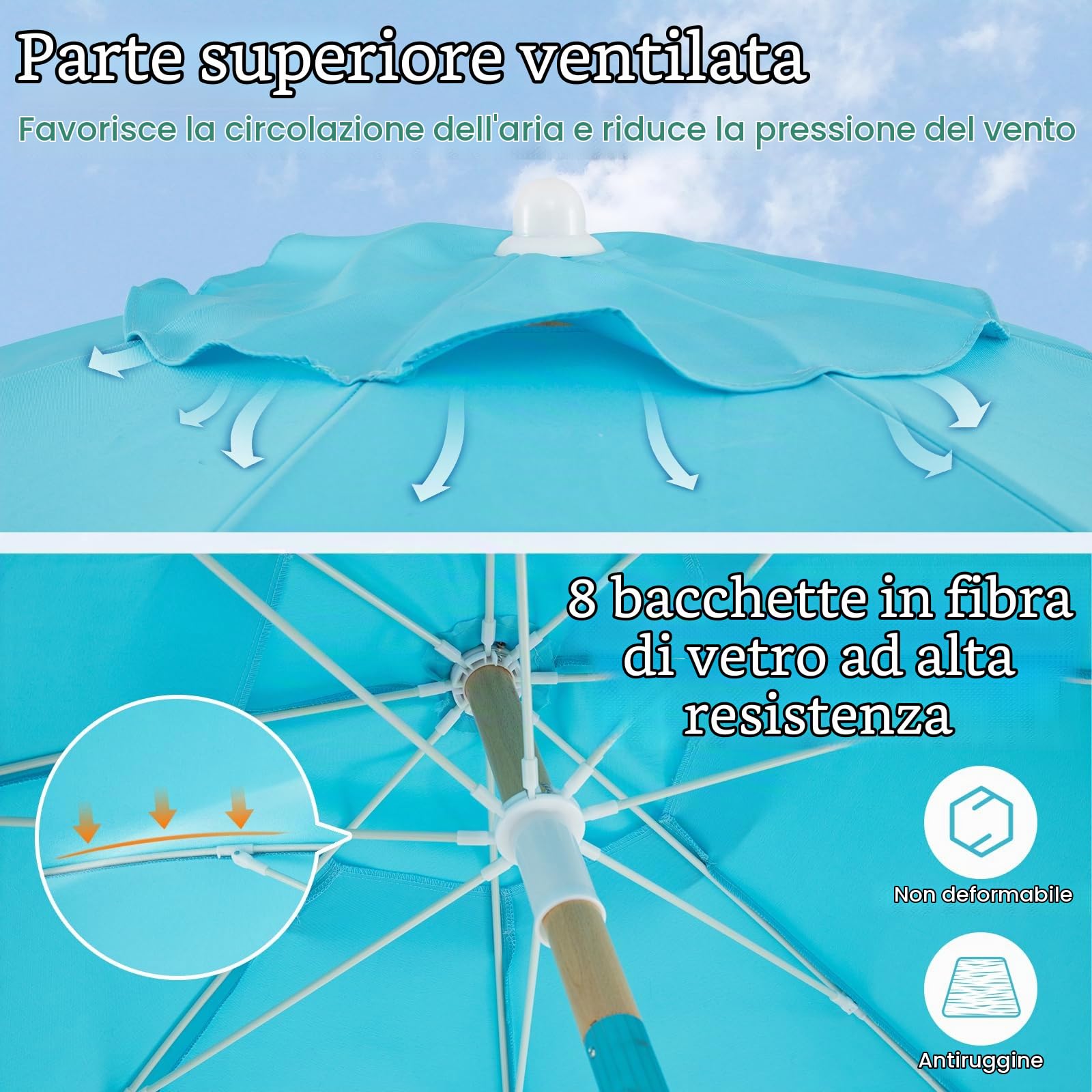 FANTASK Ombrellone 170 cm, ombrellone da spiaggia boho con frange, pieghevole su entrambi i lati di 30°, in legno, terrazzo, per giardino, balcone, terrazza (blu)