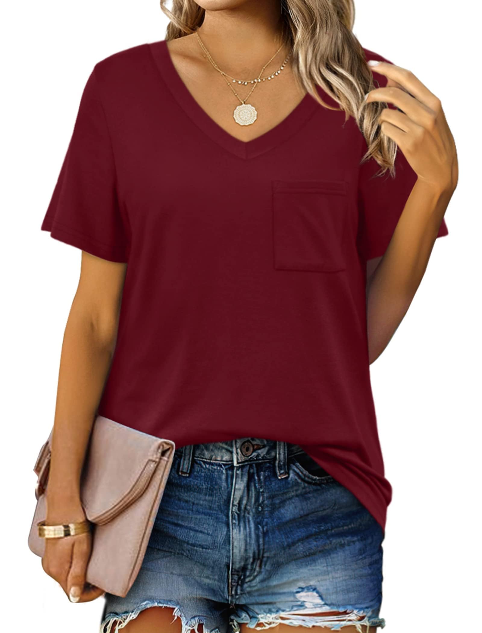 Suncife Lässiges Sommer-T-Shirt für Damen, kurzärmelig, V-Ausschnitt, T-Shirt mit Tasche