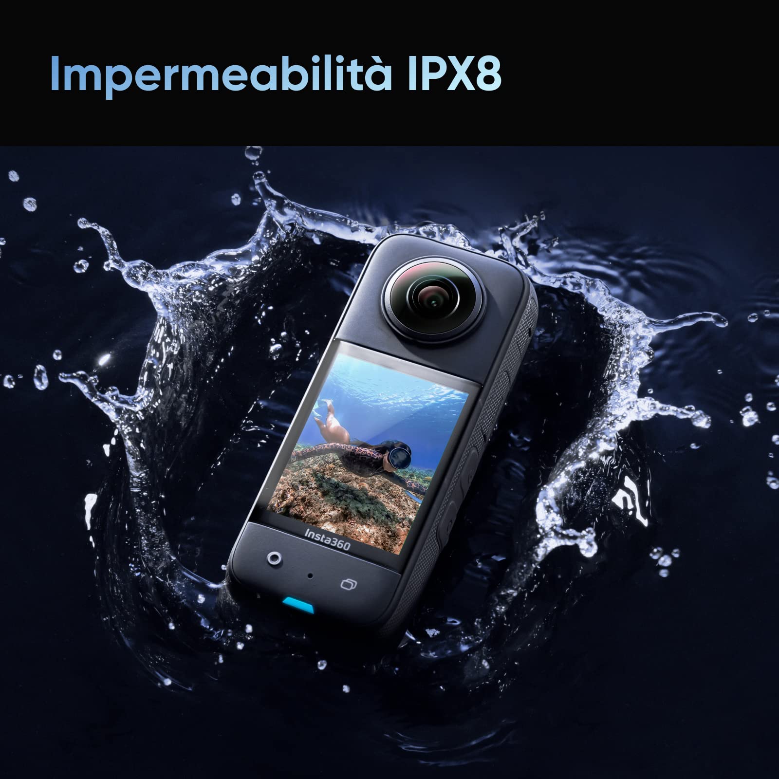 Insta360 X3, Action cam 360 con video HDR Active 360 5.7K, obiettivo singolo 4K, impermeabile, stabilizzazione FlowState, touchscreen da 2,29", editing con IA, per moto, sport invernali e video blog
