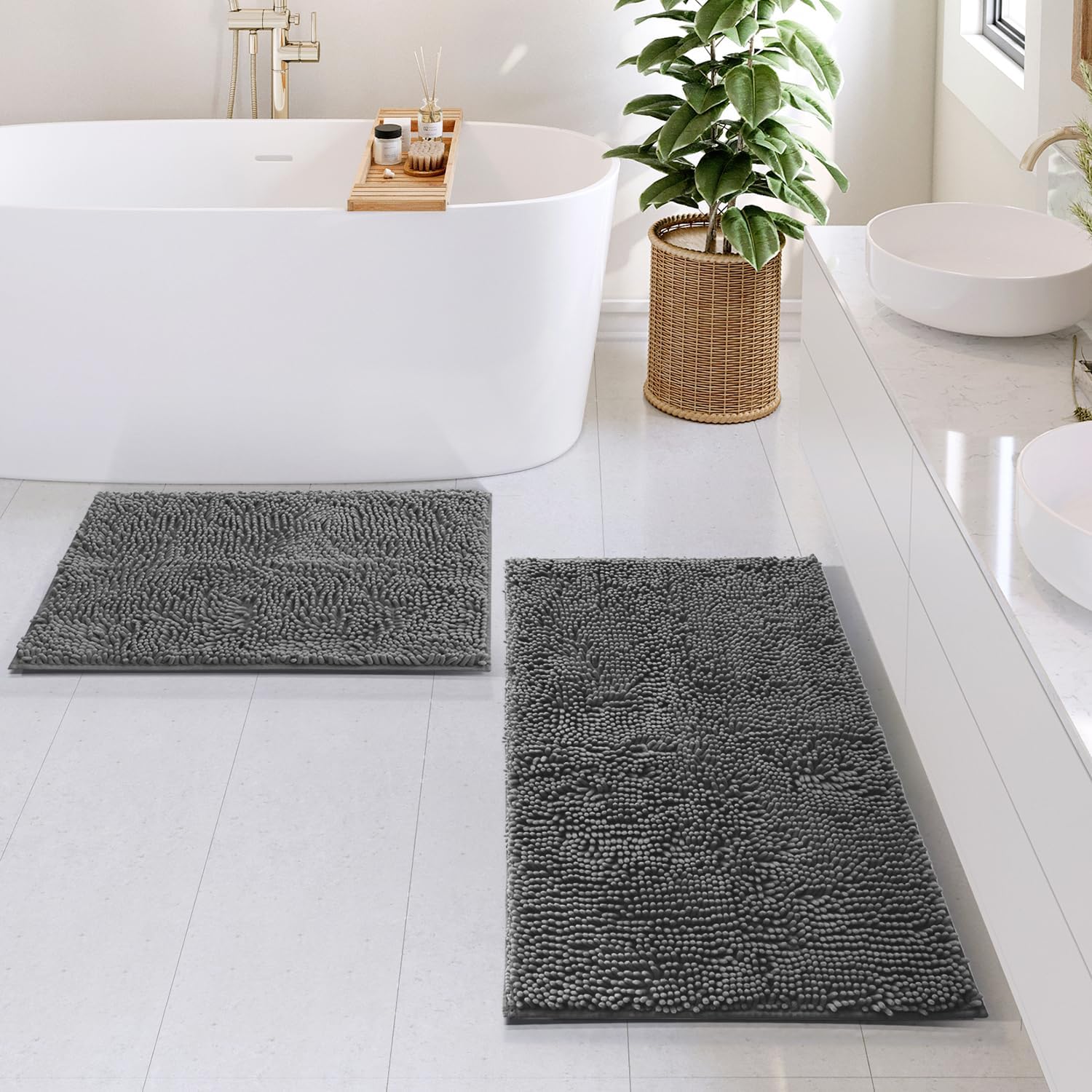 Hearth & Harbor Bathroom Rug Set, 2 Piece Chenille - Grey, Quick Dry, Non-Slip, Machine Washable - Bath Mat Size 17x24, 20x32 inches