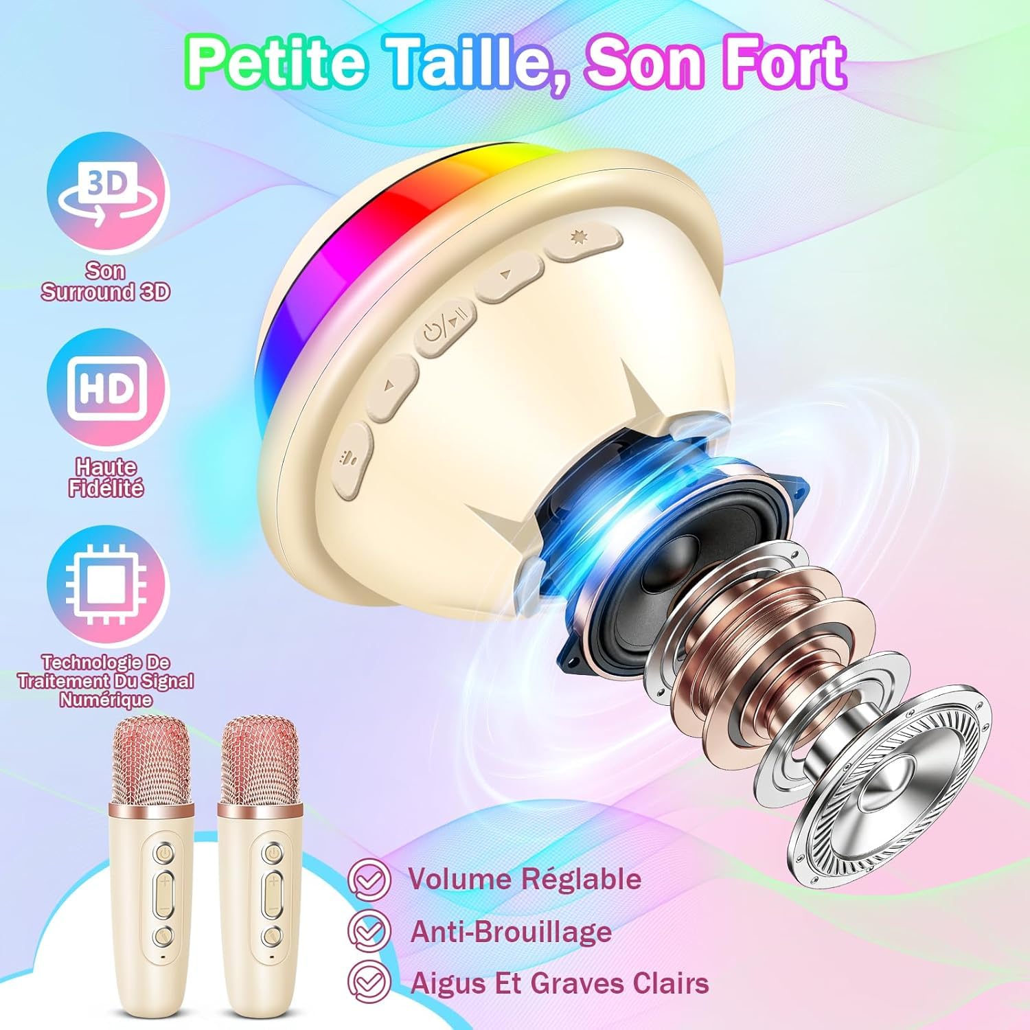 JONRRYIN Micro Karaoke Enfant avec Lumineux LED Disco, Enfant Enceinte Karaoké Portable avec 2 Microphone sans Fil Bluetooth, Micro Enfant pour Chanter, Jouet Cadeau Paques Fille (Blanc)