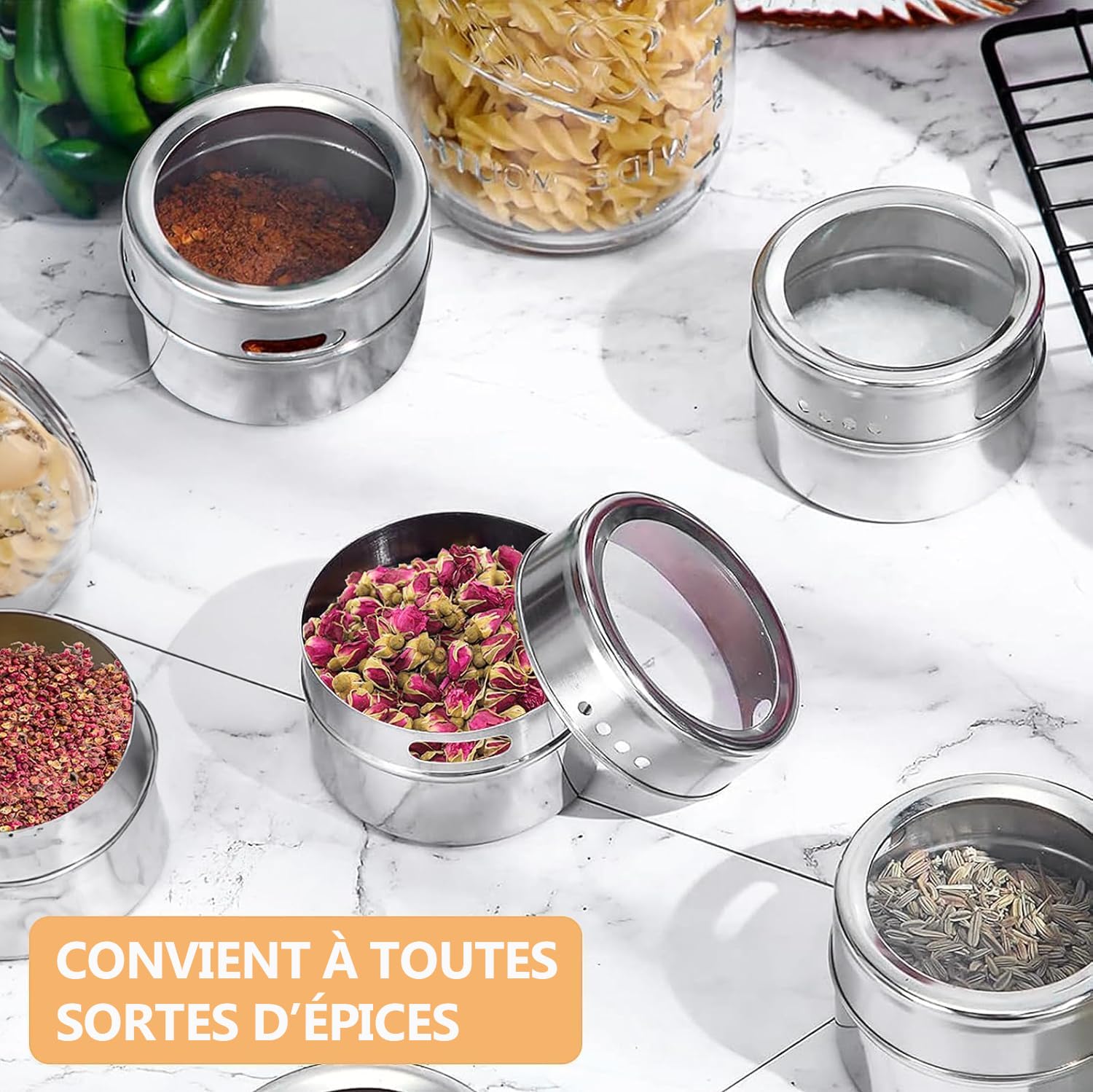 Lot de 24 Pots à Épices Magnétiques avec Couvercles, Bocaux Assaisonnements en Acier Inoxydable pour Réfrigérateur avec 48 Étiquettes et 2 Marqueurs pour Cuisine Frigo
