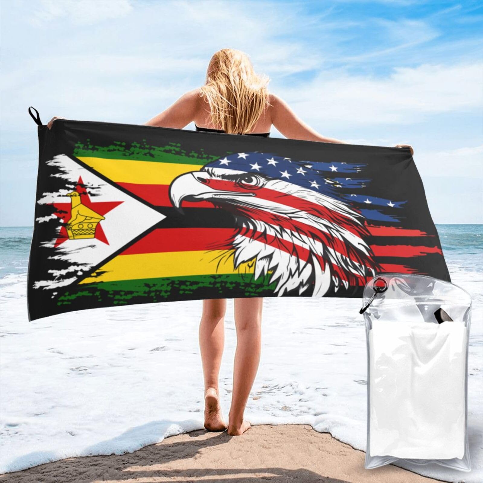 HACXZ America Flag and Zimbabwe Flag Microfiber Beach Towel Lightweight Absorbent Travel Pool for Men Women 31.5"X63"