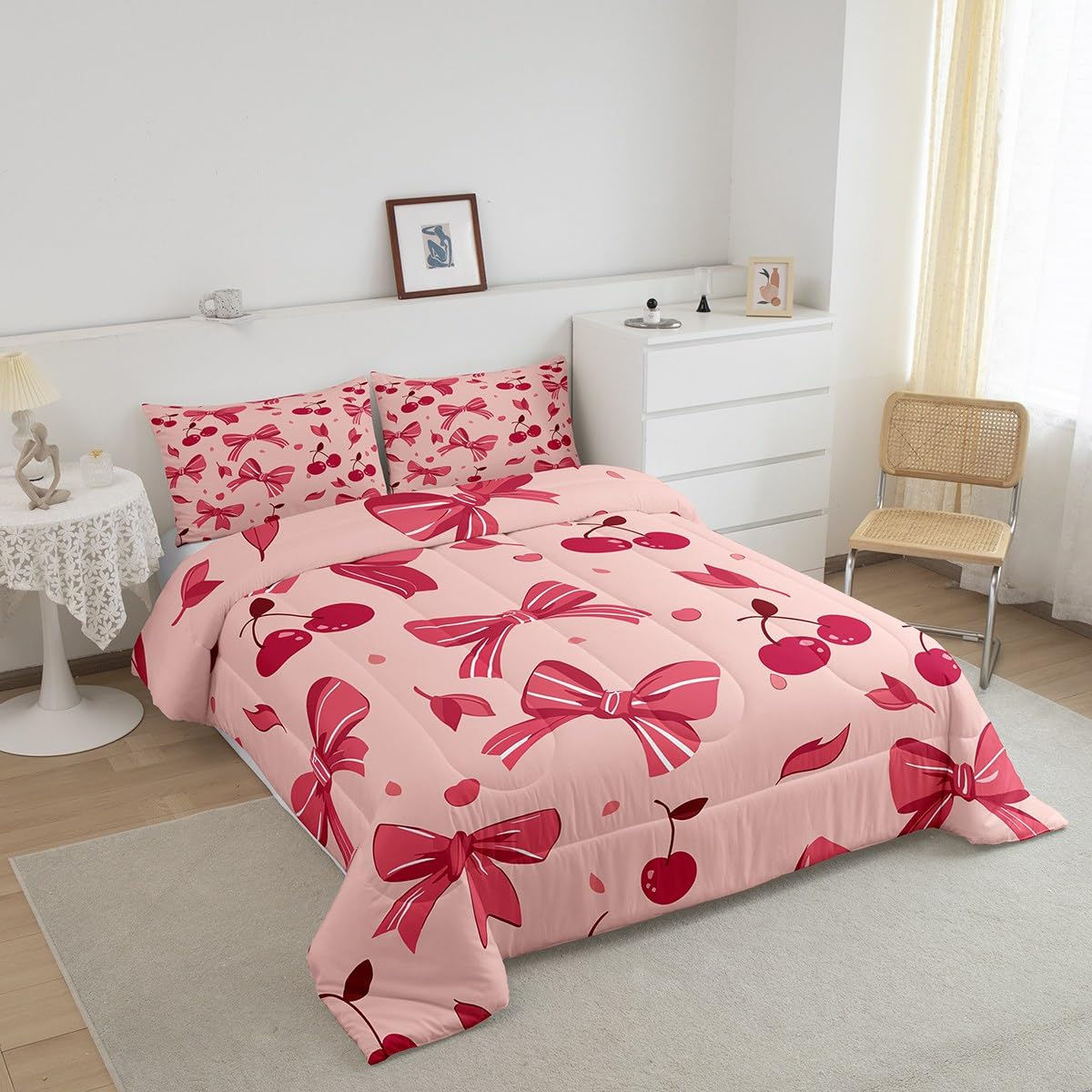 Feelyou Bow Comforter Set for Girls Boys Kids Twin Size Cheery Comforter Room Decor Cute Bedding Set Hot Rose Duvet Set