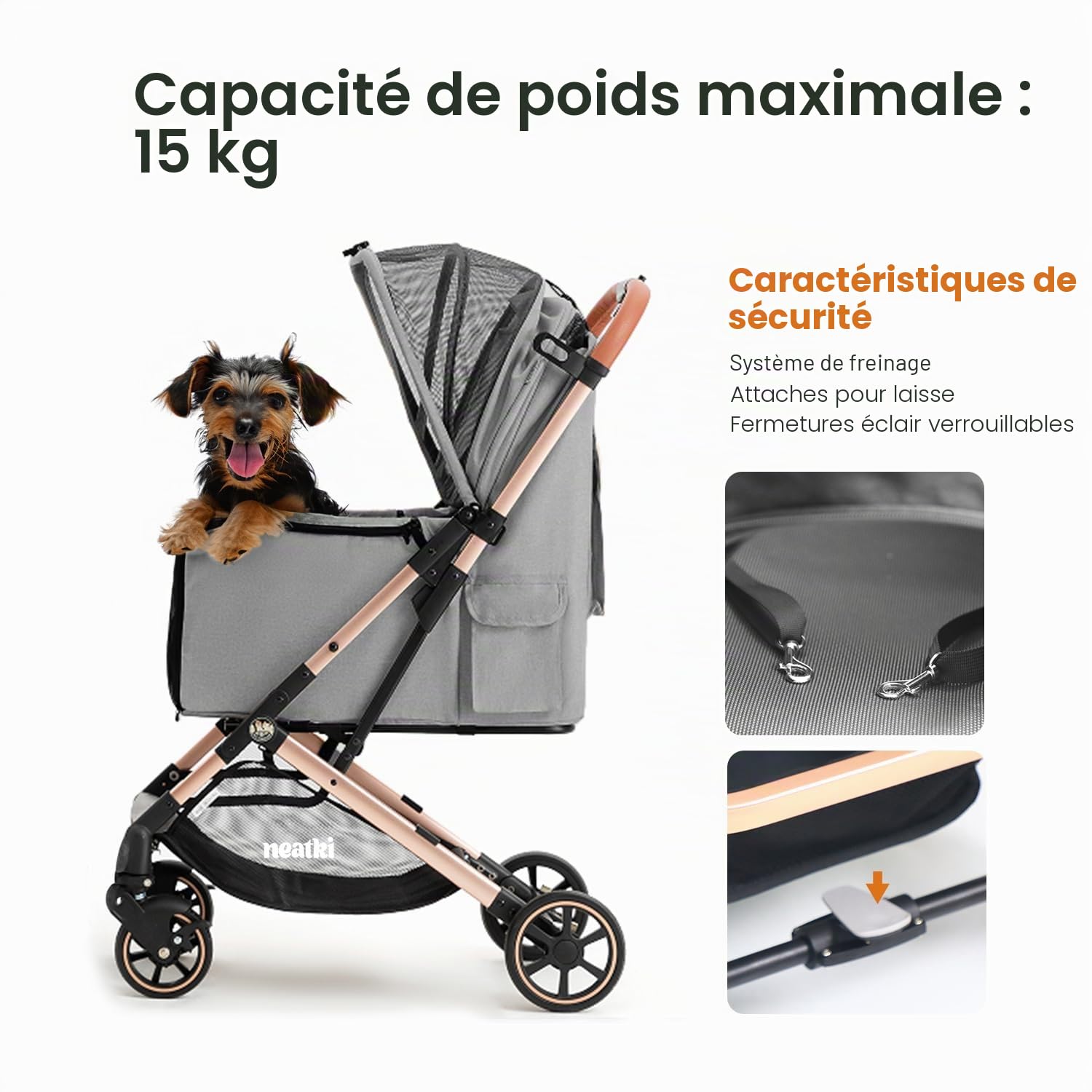 Poussette pliable pour chiens et chats | Capacité de 15 kg | Roues avant pivotantes à 360° | Pliage en un clic | Clips de laisse/sécurité | rembourrage lavable (Gris)