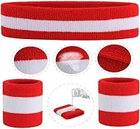 Vista 100 de ONUPGO - Conjunto de diadema y muñequeras deportivas para el sudor, hechas de algodón con bucles, muñequeras, contra humedad Rojo/Blanco/Azul
