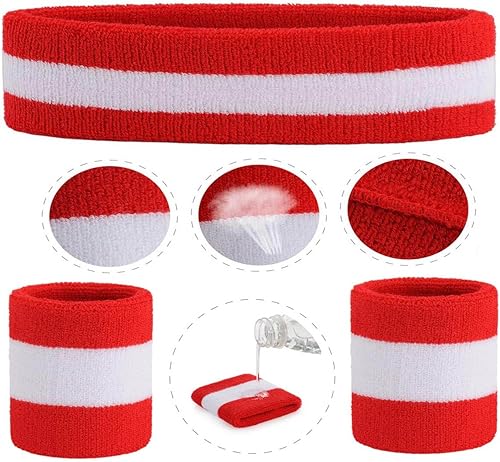 Miniatura 100 de ONUPGO - Conjunto de diadema y muñequeras deportivas para el sudor, hechas de algodón con bucles, muñequeras, contra humedad Rojo/Blanco/Azul