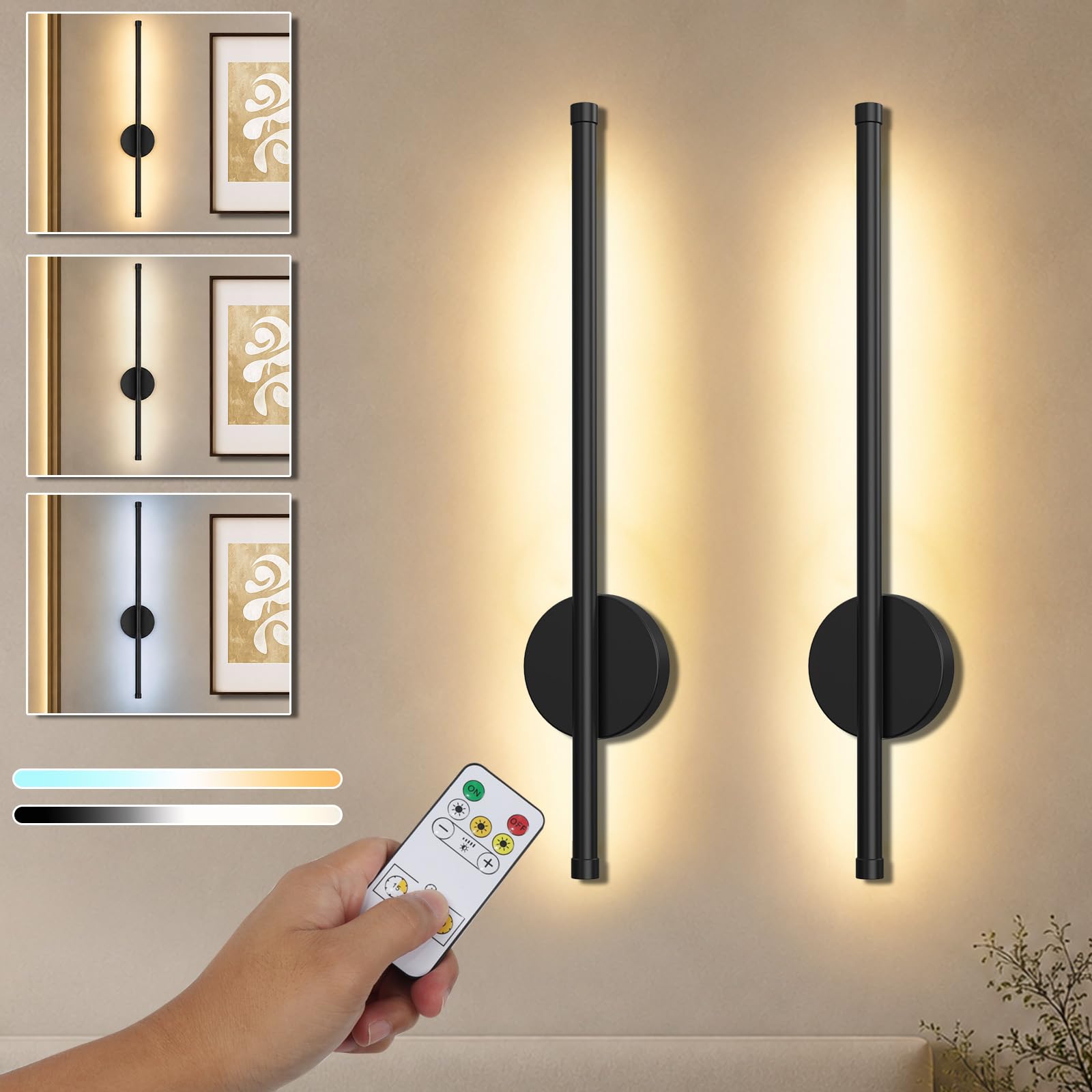 Lafisun 2 Pack Rechargeable Wall Lights, 60CM Battery Operated Wall Lights, Dimmable 3000K-6000K, Remote Control, Timer, 3 Colour Temperatures, for Living Room, Bedroom, Hallway(Black)