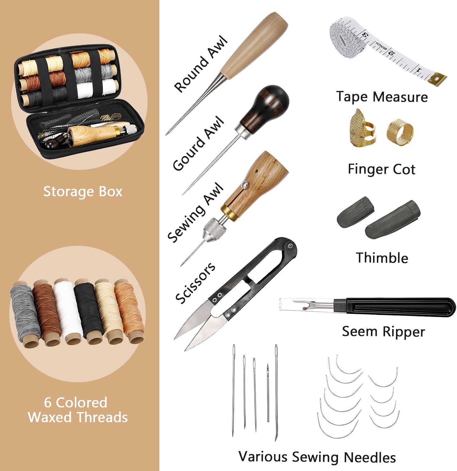 40pcs Sewing Awl Kit, Portable Awl Tool Stitching with Storage Box, Waxed Thread Kit for DIY, Leather Sewing, Homemade Craft Repair Work